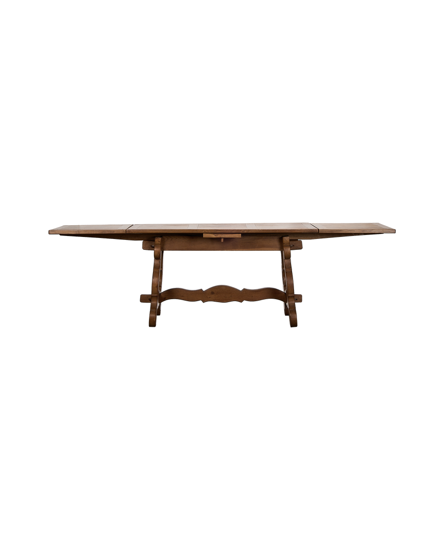 Vintage French oak refectory dining table, extended top, with carved trestle base.