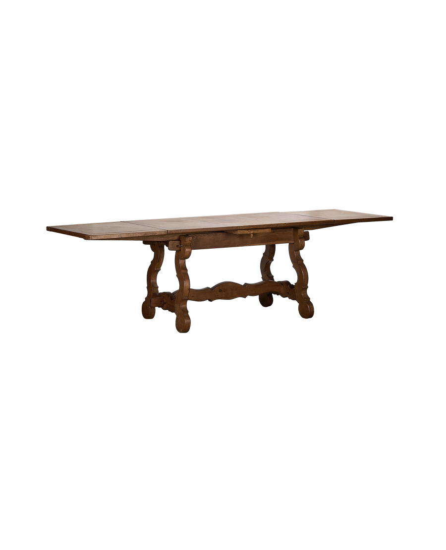 Vintage extendable French oak refectory dining table with leaf extension visible.