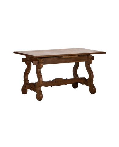 Vintage French oak refectory extendable dining table, full view, with ornate scrolled legs.