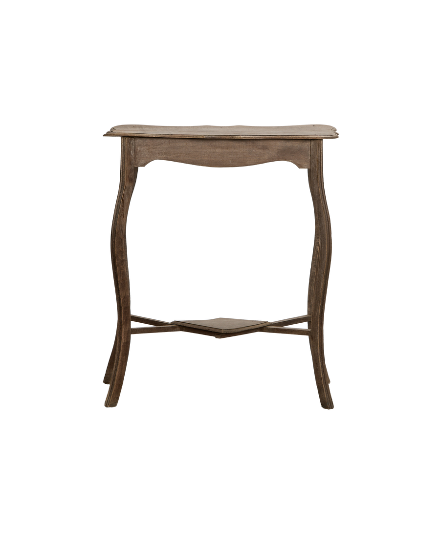 Vintage French oak entry table, gracefully curved legs, distressed finish, visible wood grain.