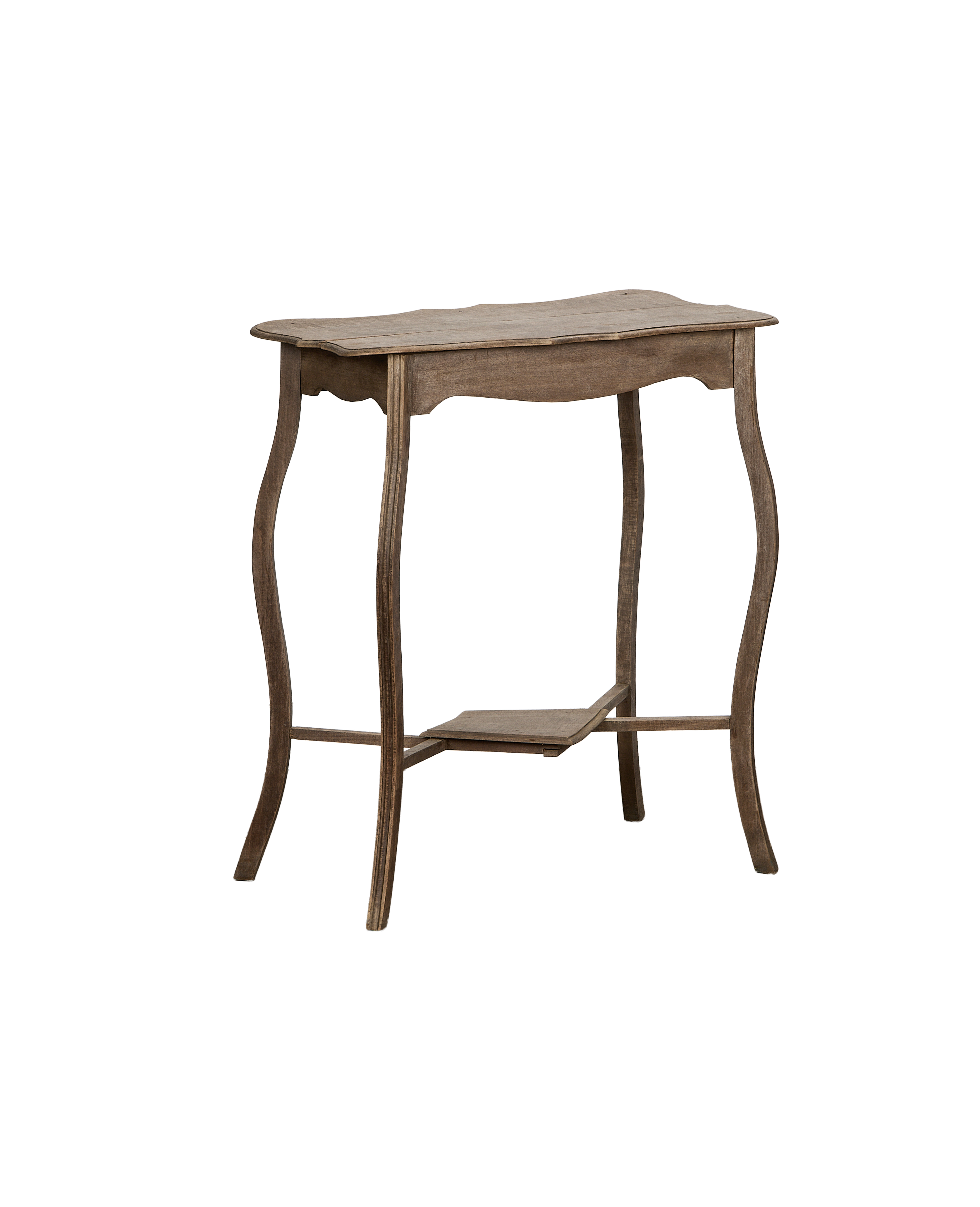 Vintage French oak entry table, showing gracefully curved legs and lower shelf support.