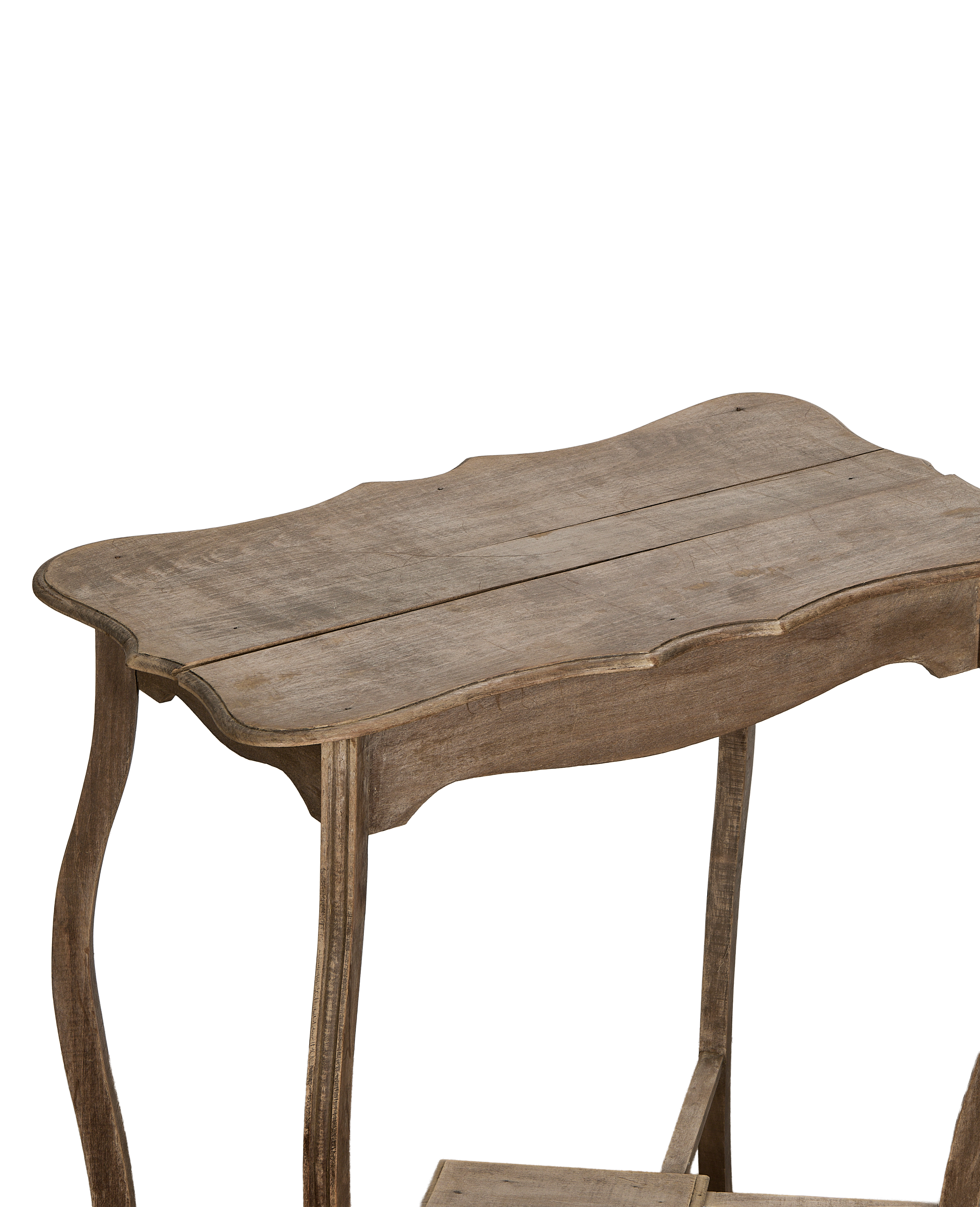 Vintage French oak entry table, showing detailed scalloped edge and curved leg.