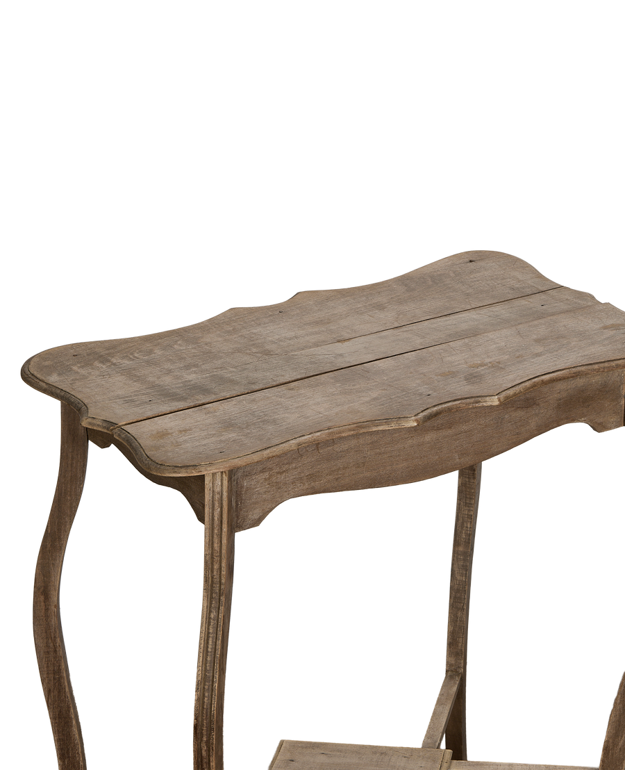 Vintage French oak entry table, showing detailed scalloped edge and curved leg.