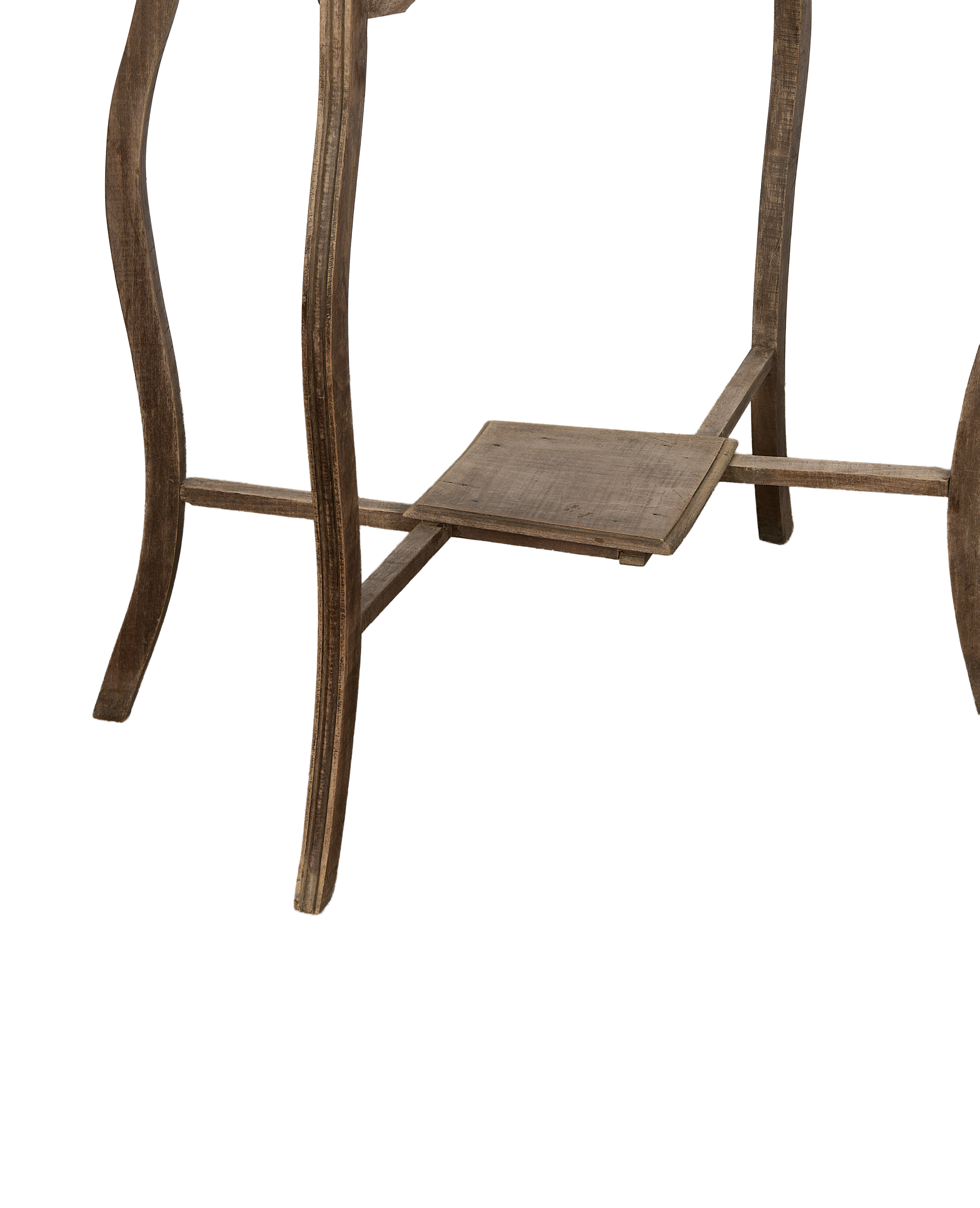 French vintage oak entry table, showing lower shelf and leg curvature detail.