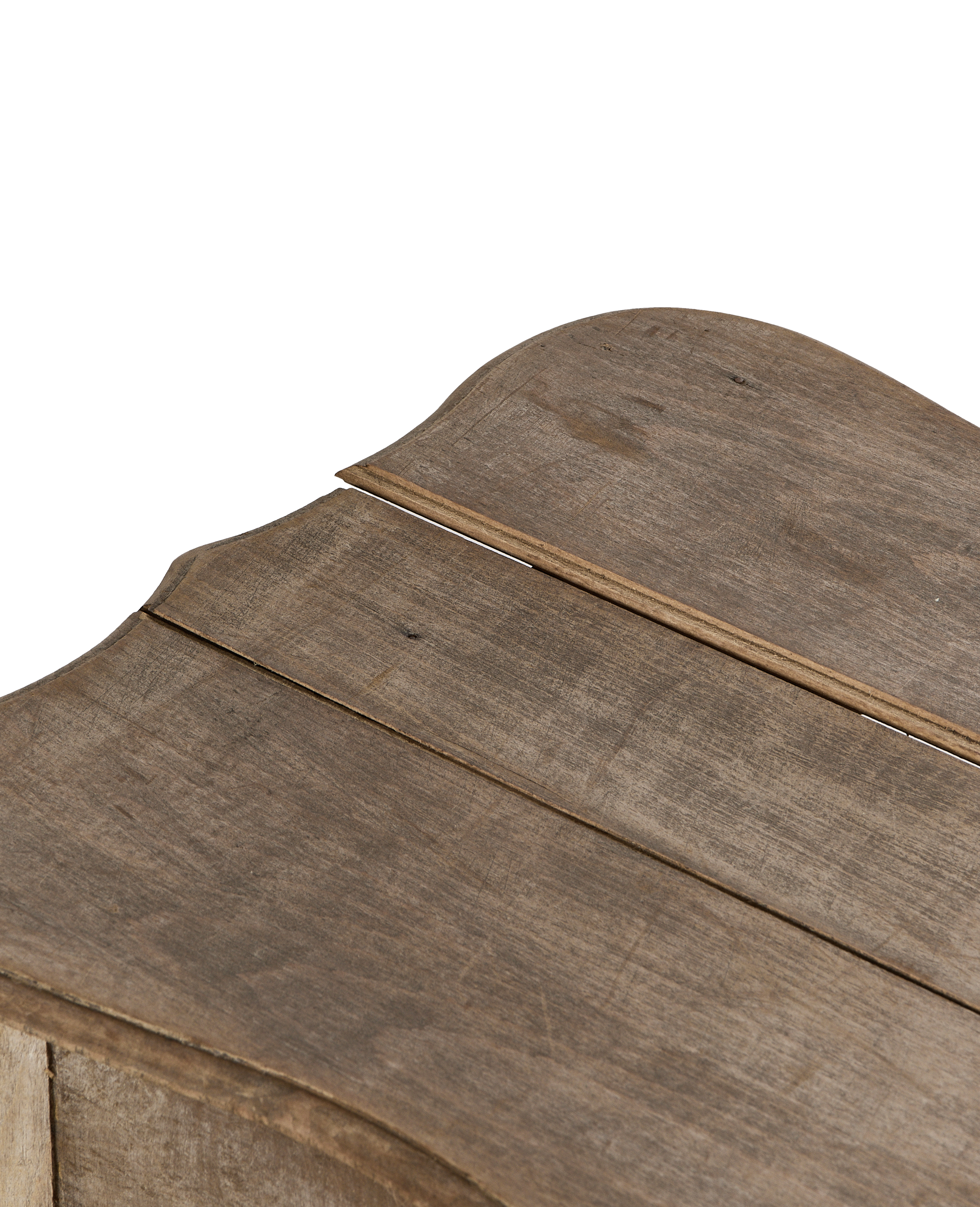 Vintage French oak entry table, detailed view of distressed carved tabletop edge.