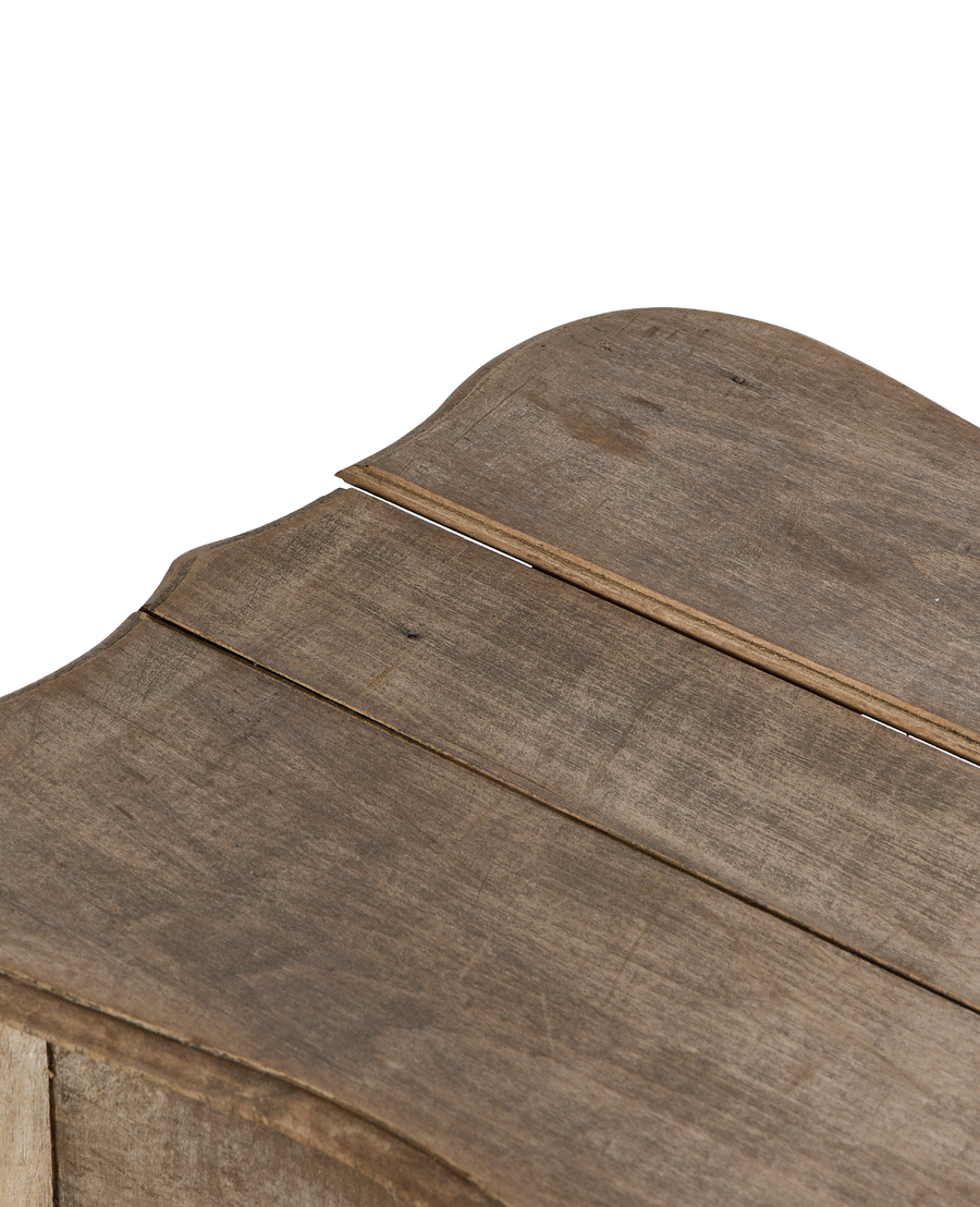 Vintage French oak entry table, detailed view of distressed carved tabletop edge.