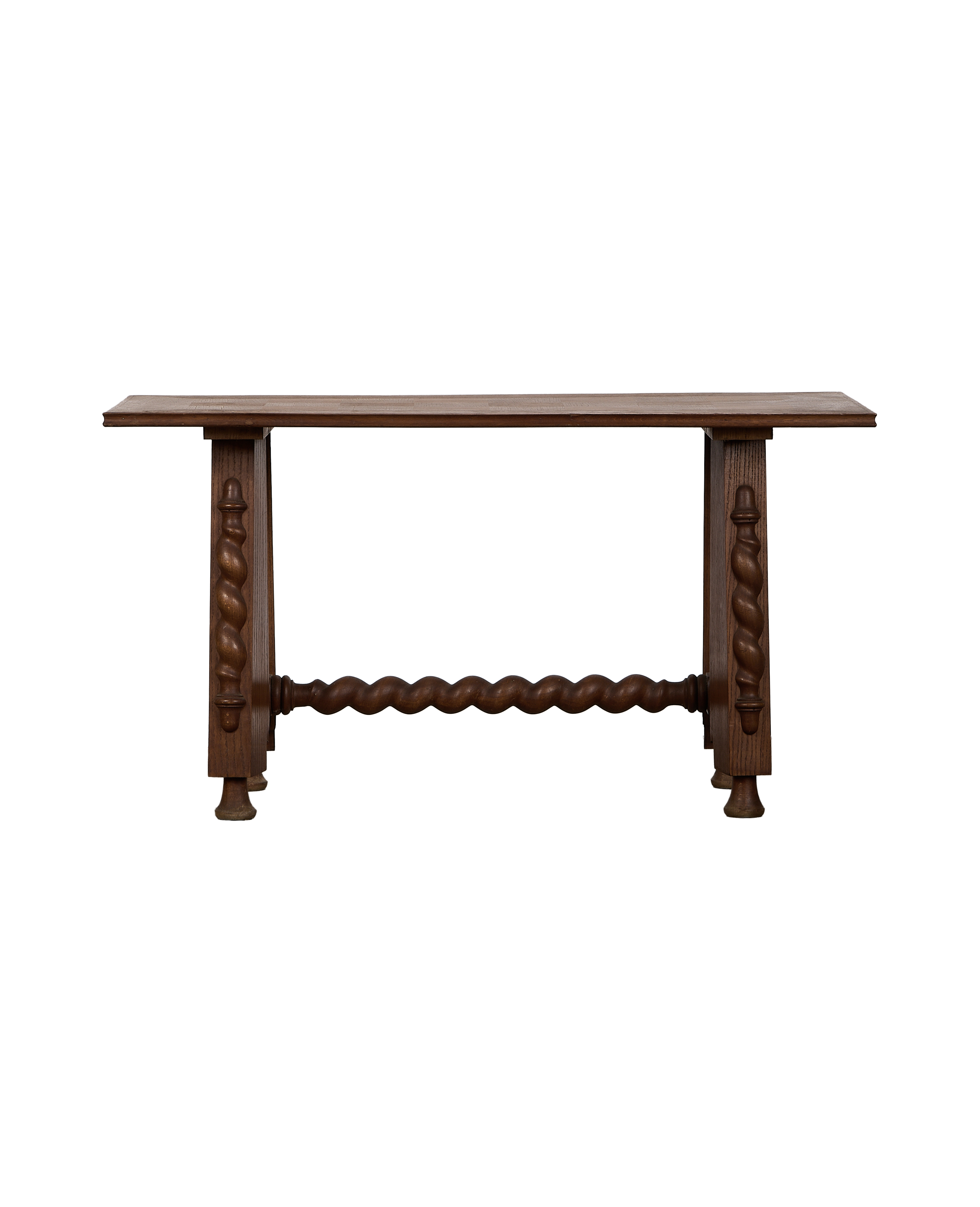 Vintage French oak coffee table with checkered top and elegant barley twist legs.