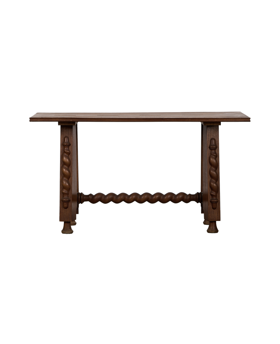 Vintage French oak coffee table with checkered top and elegant barley twist legs.