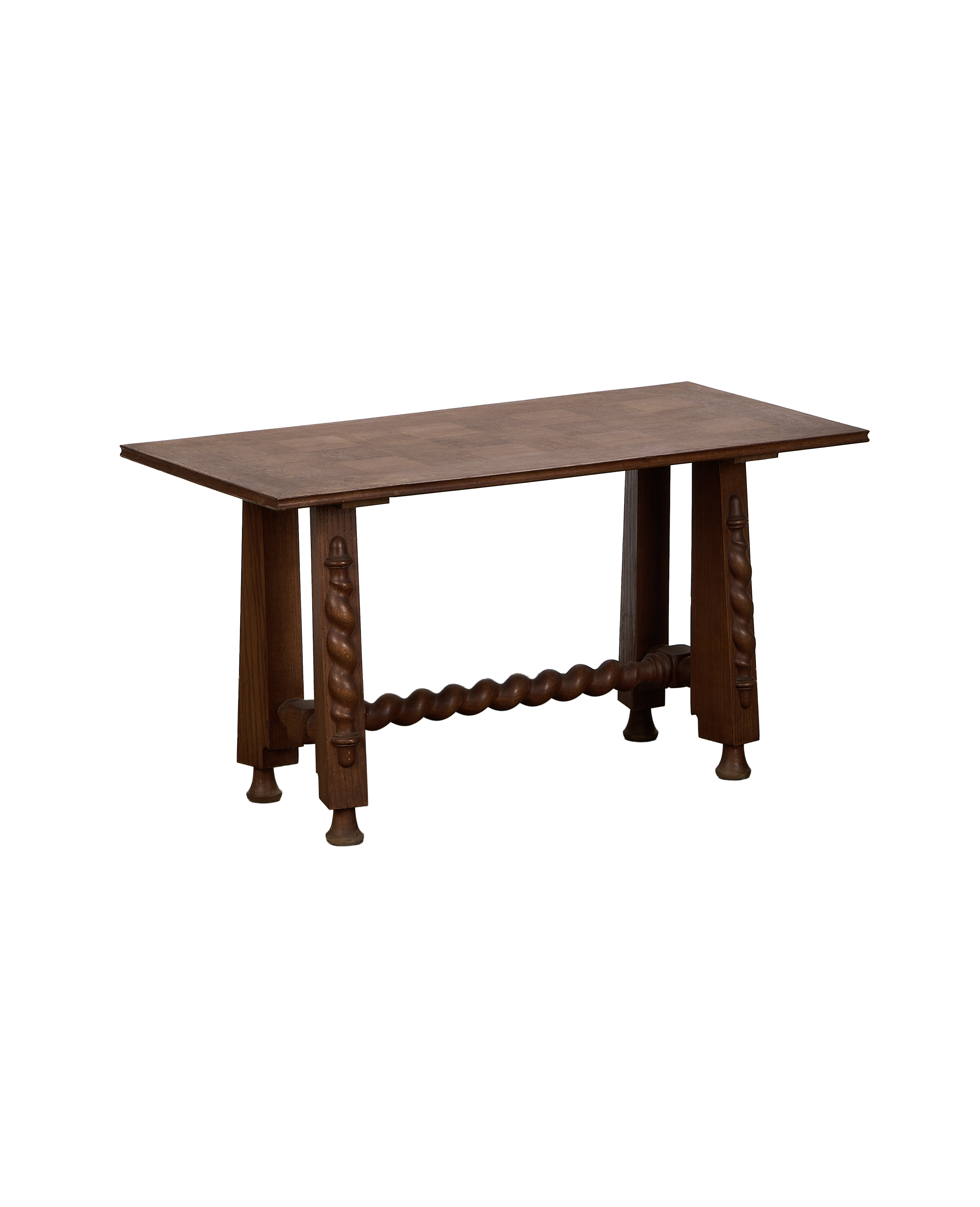 Vintage French oak barley twist coffee table, angled view highlighting checkered top.