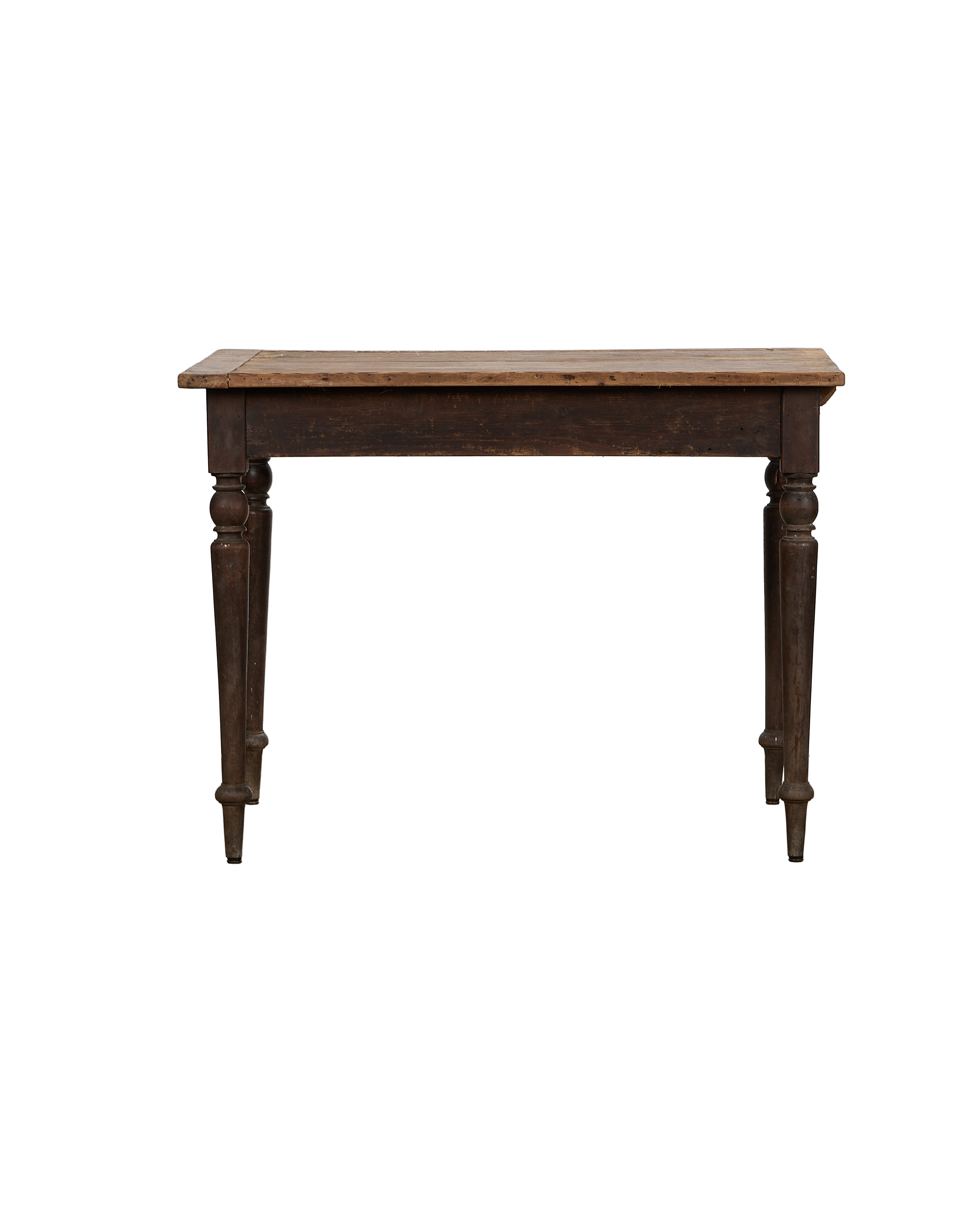 Distressed black oak vintage French table, straight-on front view, aged wood top.