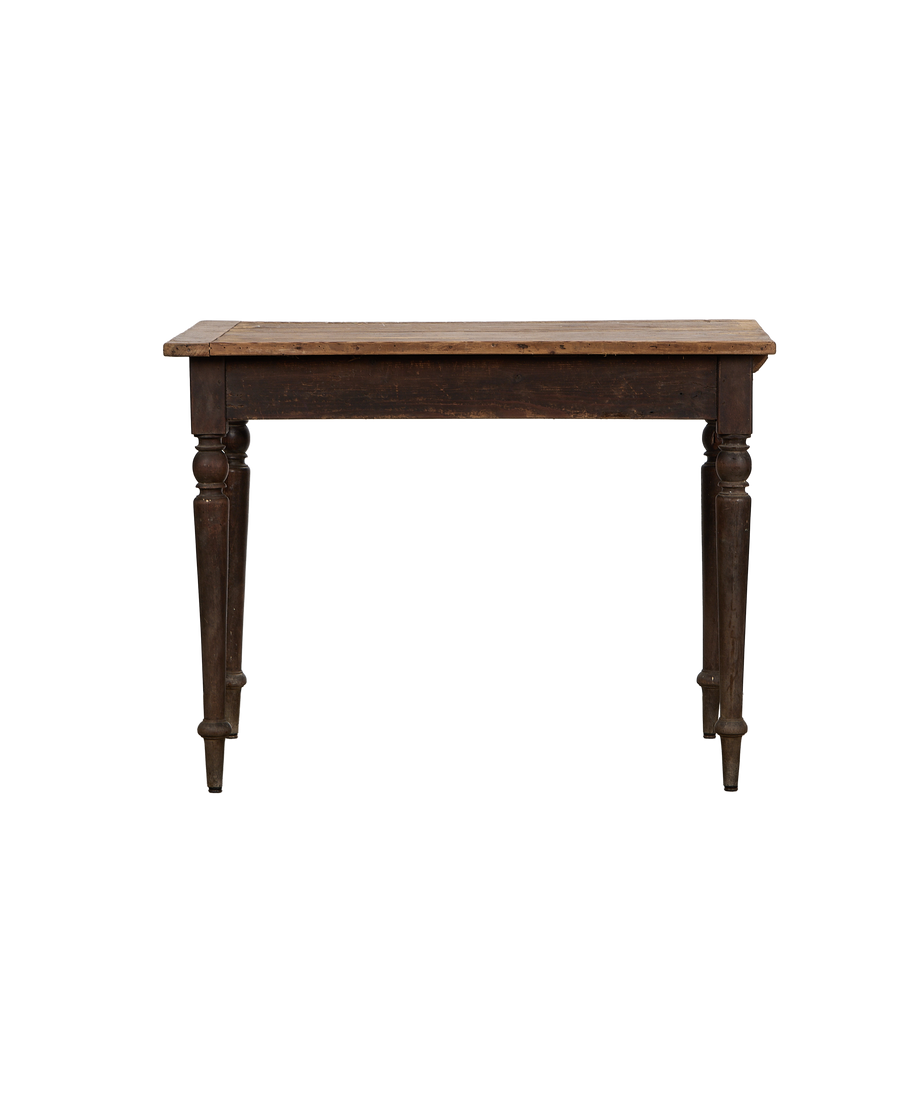 Distressed black oak vintage French table, straight-on front view, aged wood top.