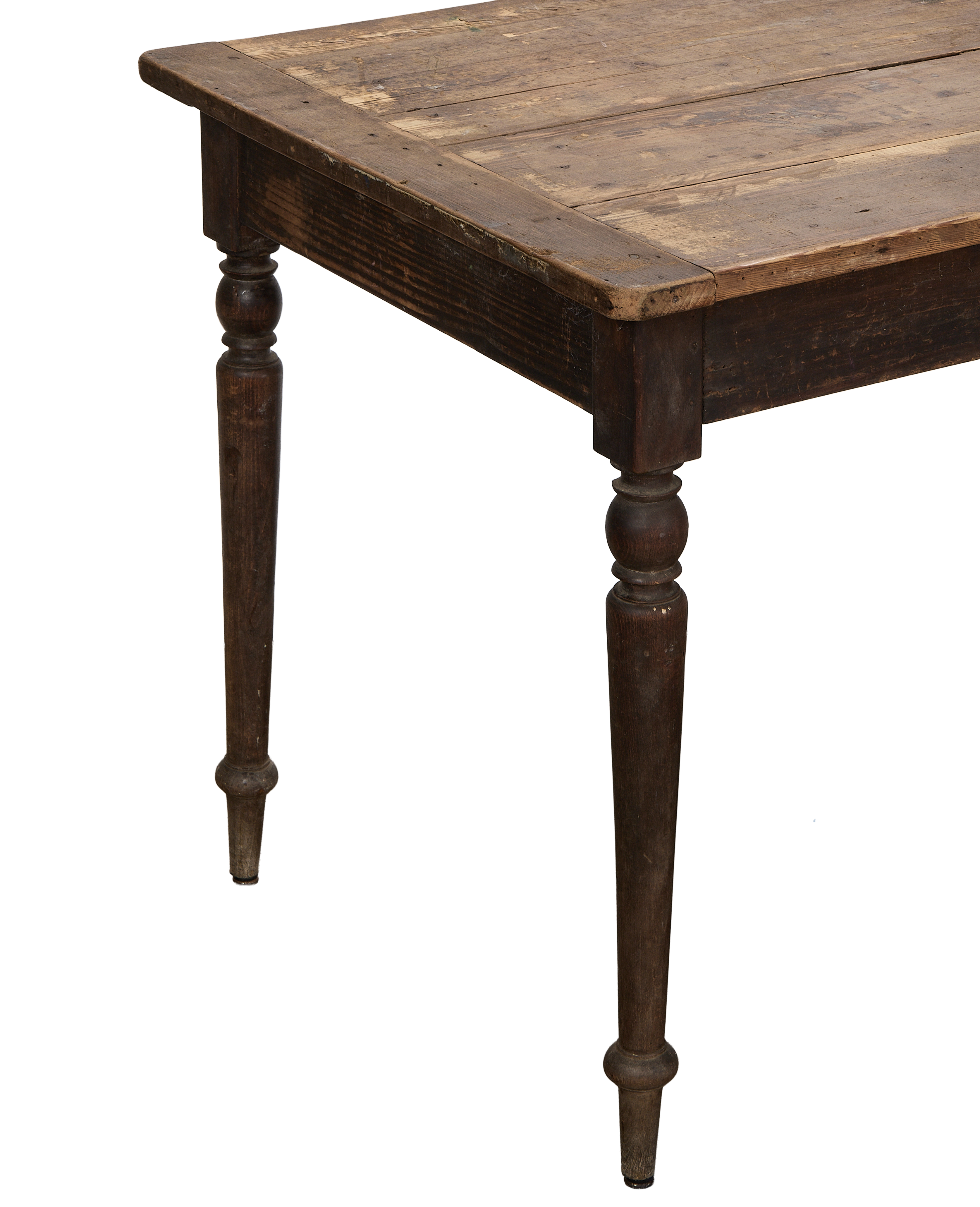 Vintage French distressed black oak table, close-up showing worn tabletop and turned legs.