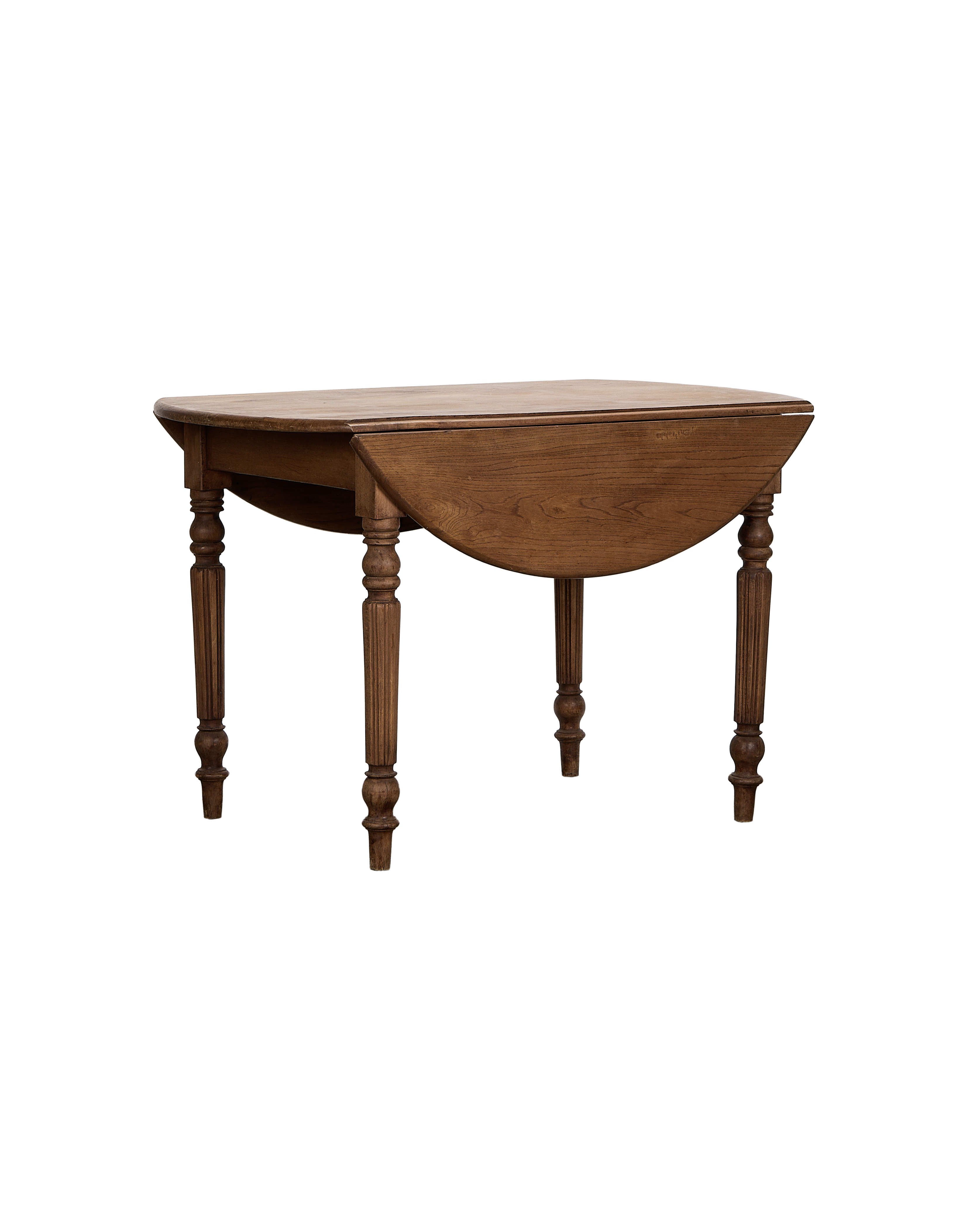 Vintage French oak drop leaf table with raised leaf and turned legs.