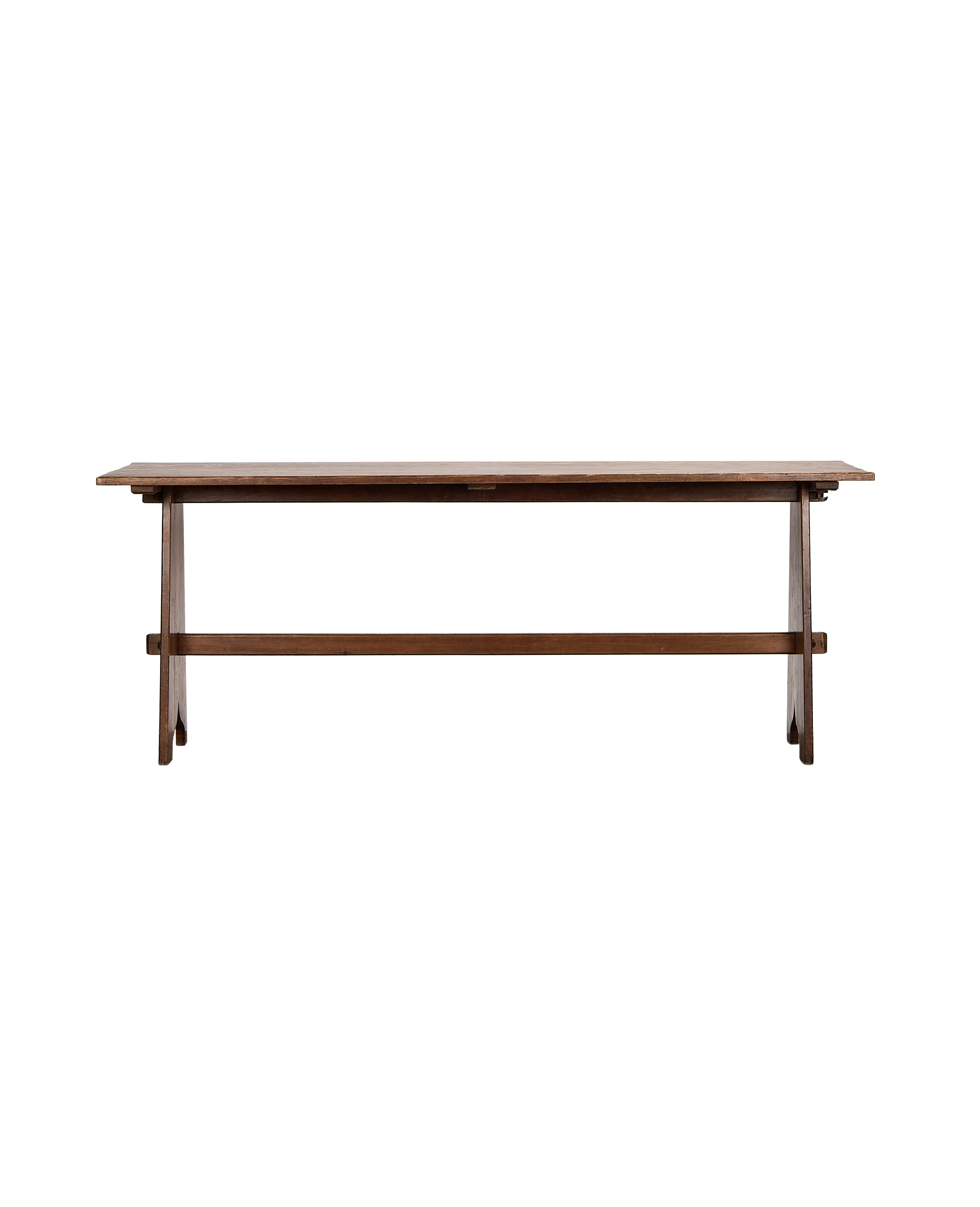 Vintage French oak refectory table, long side-view, showing narrow stretcher bar.