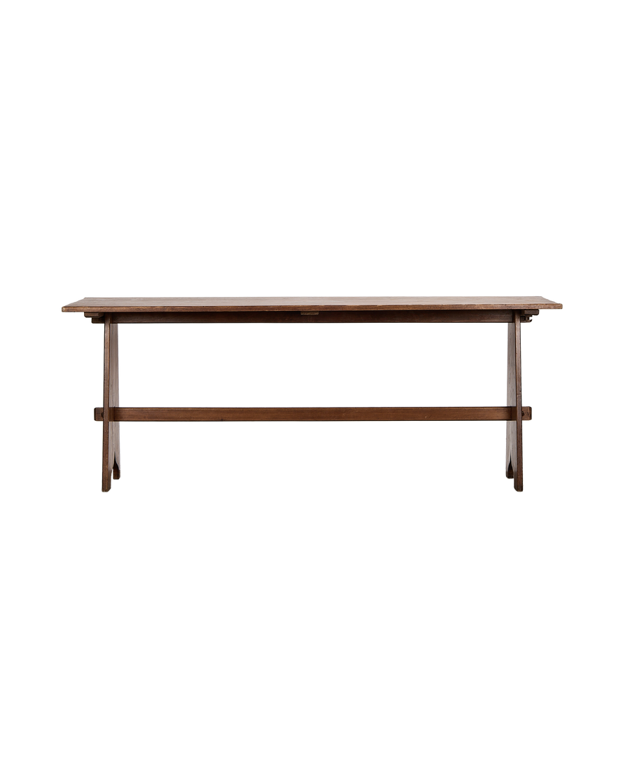 Vintage French oak refectory table, long side-view, showing narrow stretcher bar.