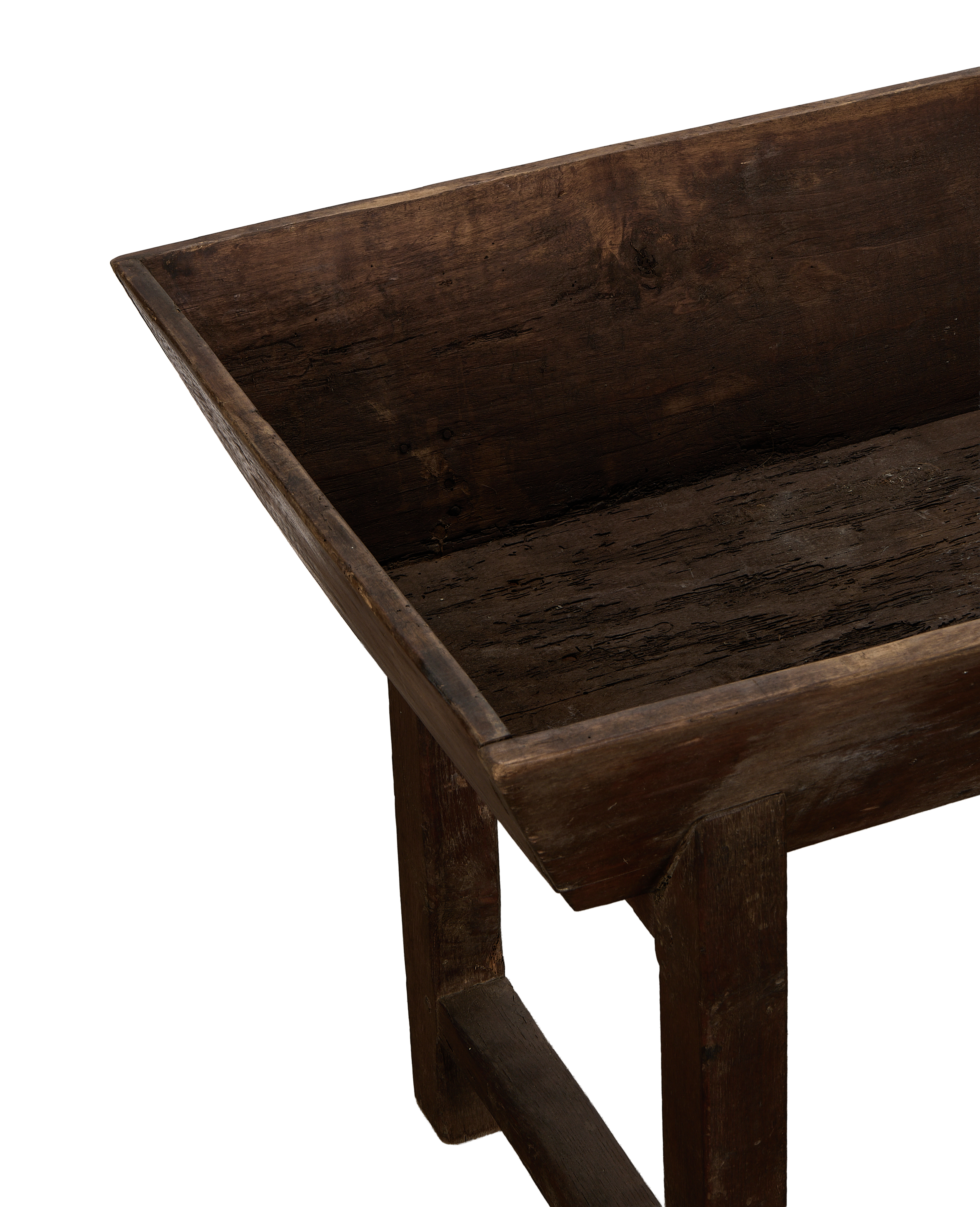 Vintage French oak Petrin Table, angled view highlighting the natural distressed wood texture inside.