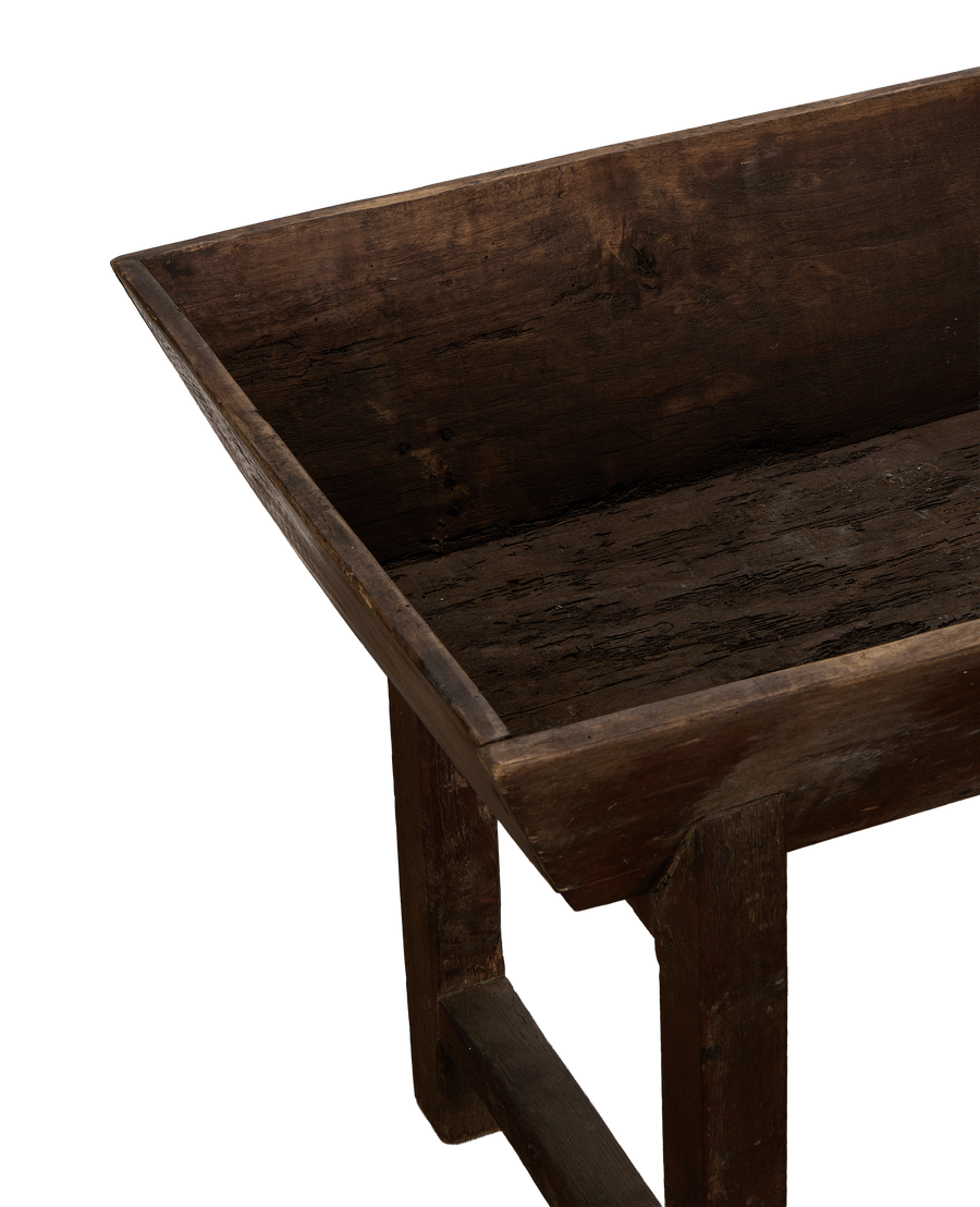 Vintage French oak Petrin Table, angled view highlighting the natural distressed wood texture inside.