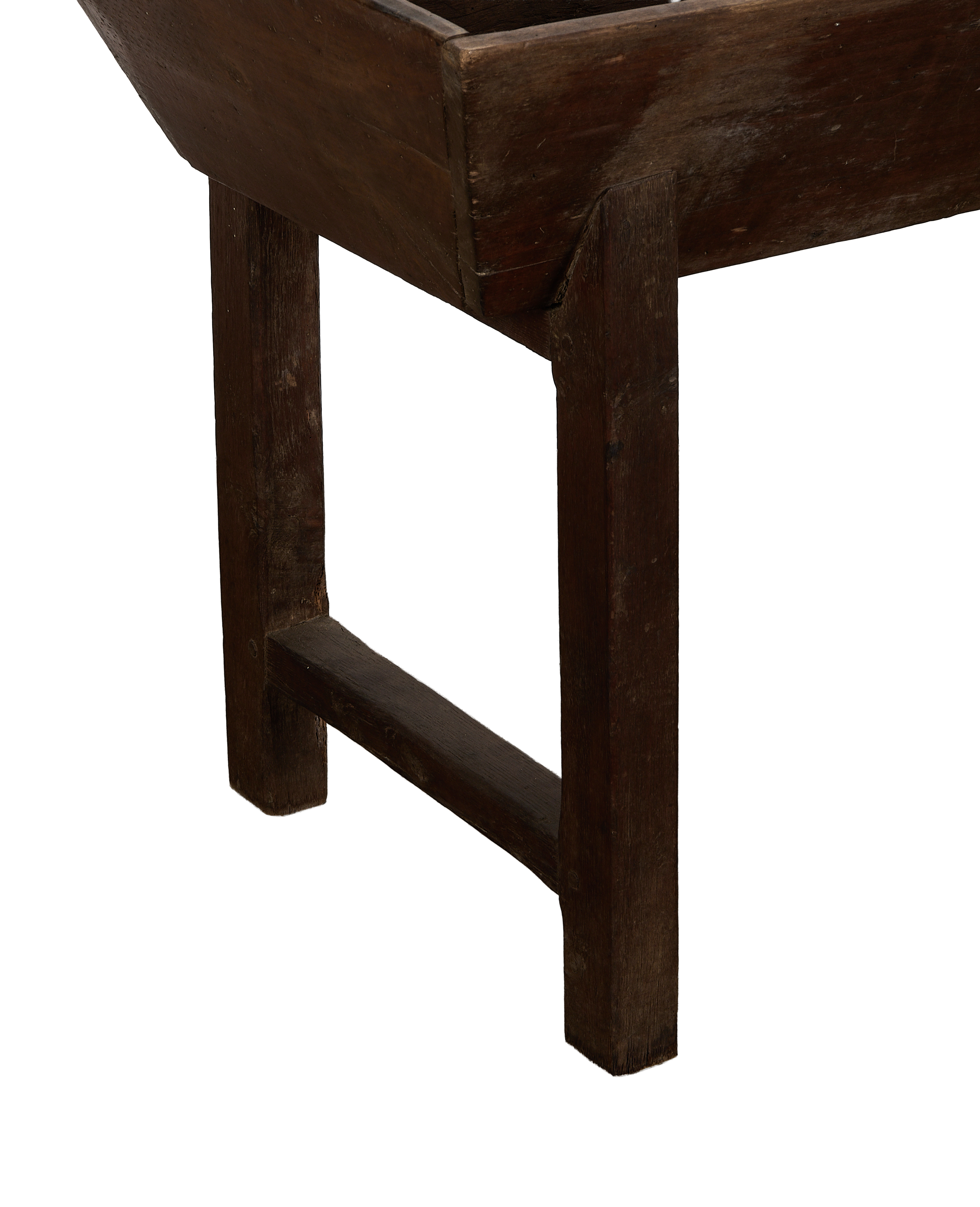 Vintage French oak Petrin table, showing sturdy leg construction and aged wood detail.