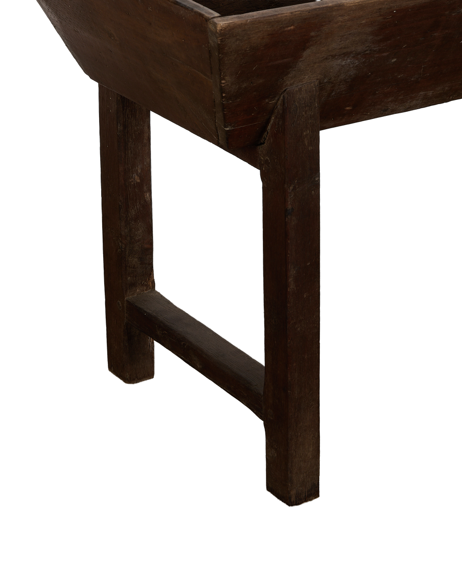 Vintage French oak Petrin table, showing sturdy leg construction and aged wood detail.