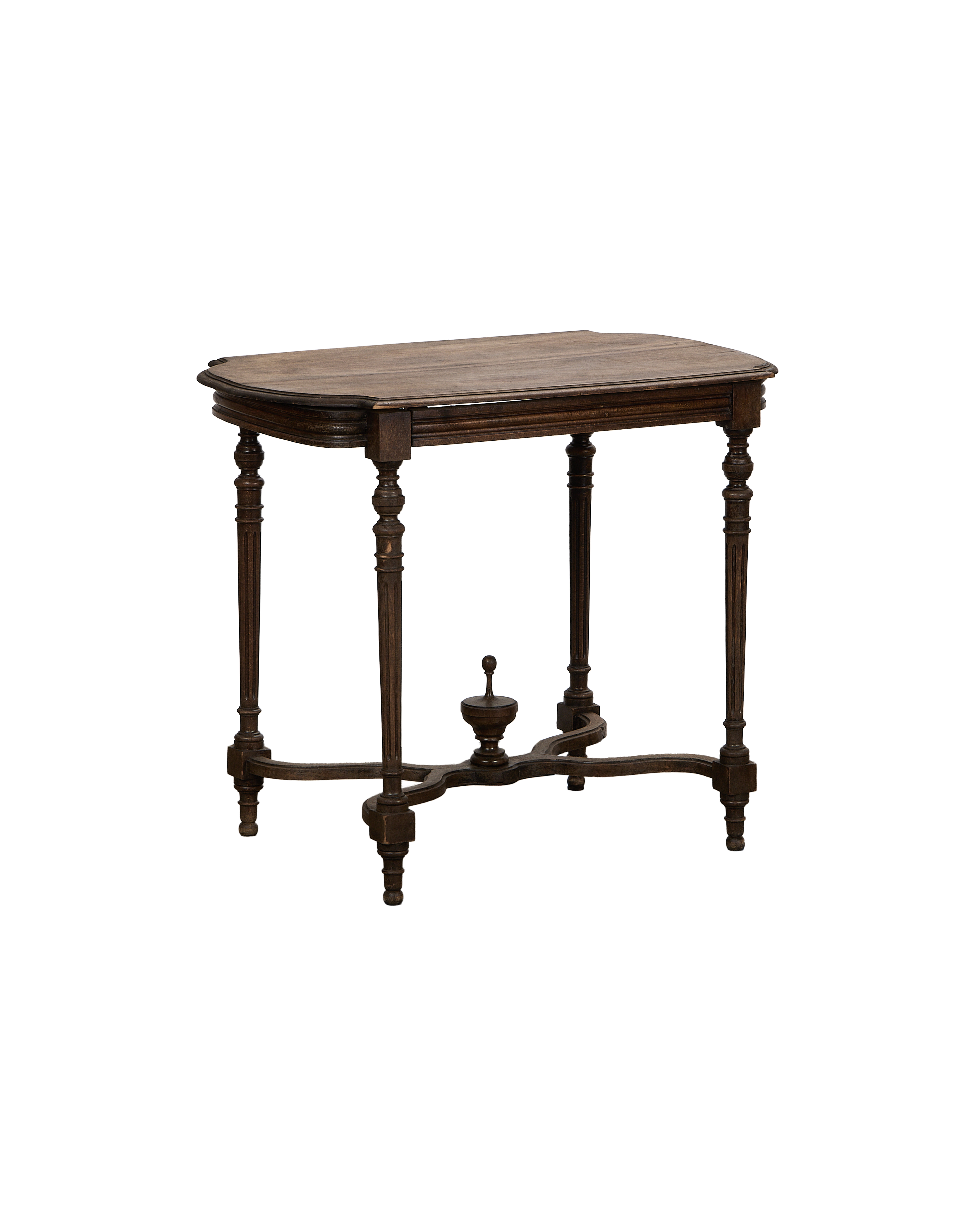 Vintage French oak Napoleon table with cross-bottom, elegant turned legs, and elliptical top.