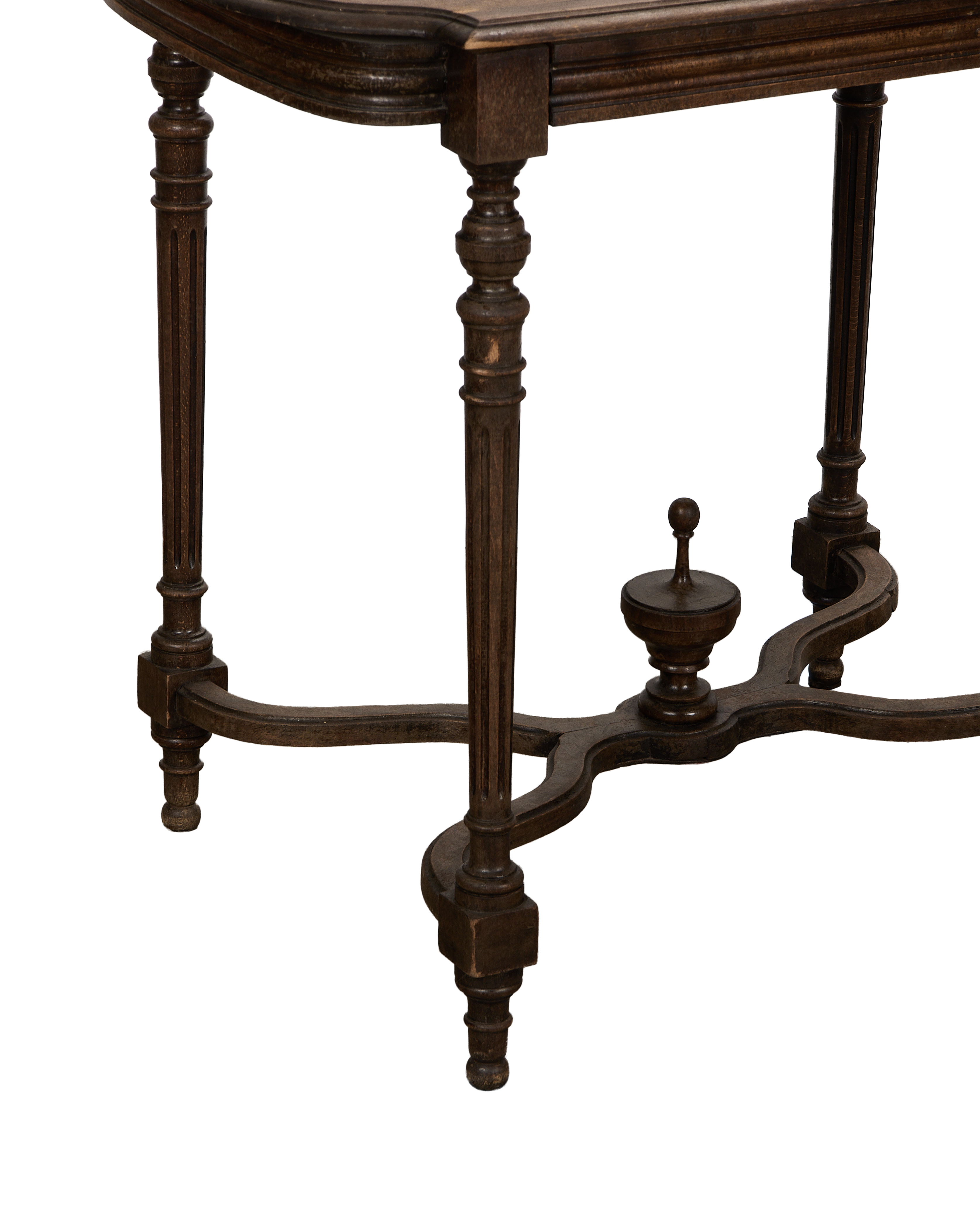 Vintage French oak Cross Bottom Napoleon table leg, detailed turned pillar, aged finish.
