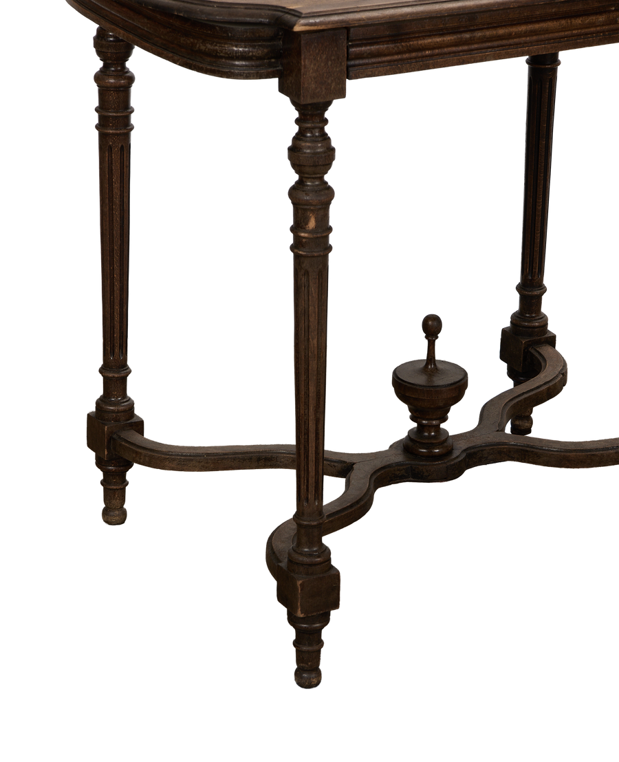 Vintage French oak Cross Bottom Napoleon table leg, detailed turned pillar, aged finish.