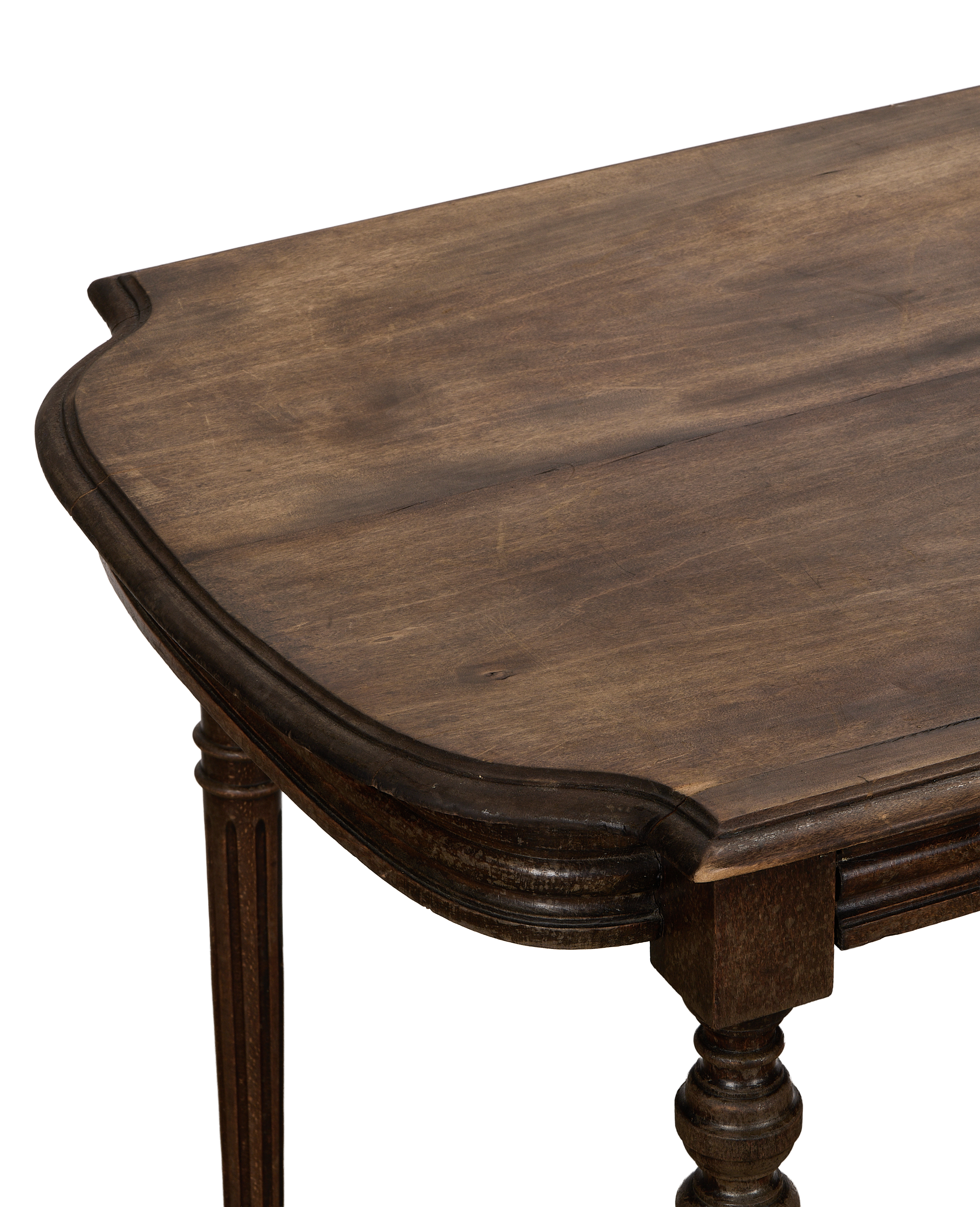 Vintage French Cross Bottom Napoleon Table, close-up of distressed oak tabletop and carved wood trim.