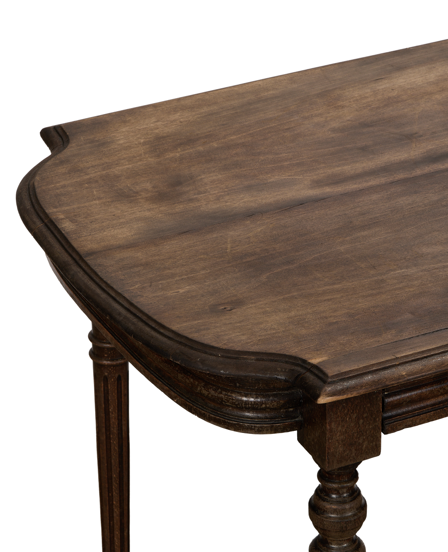 Vintage French Cross Bottom Napoleon Table, close-up of distressed oak tabletop and carved wood trim.
