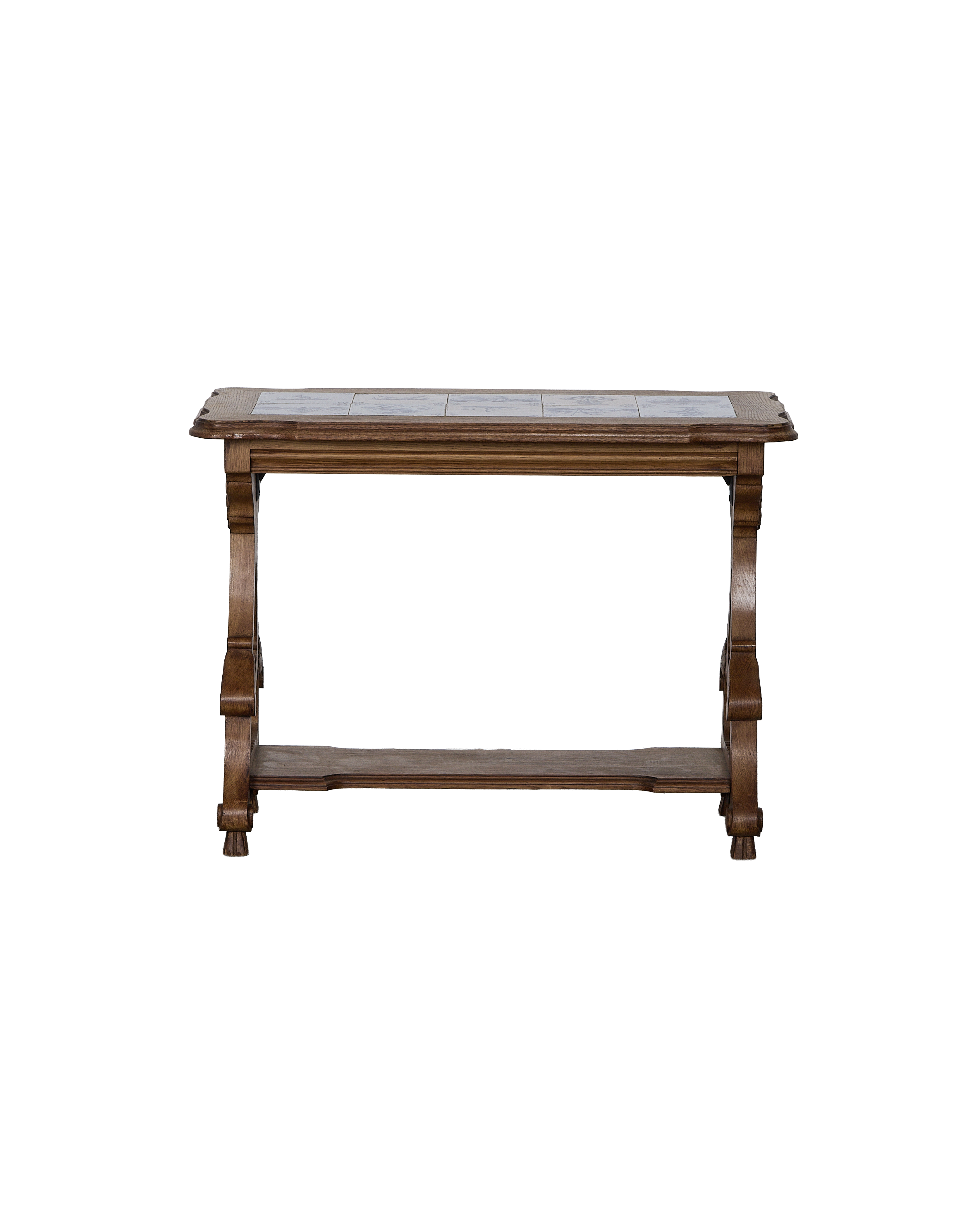 Vintage French oak Delft tile console table with lower shelf.