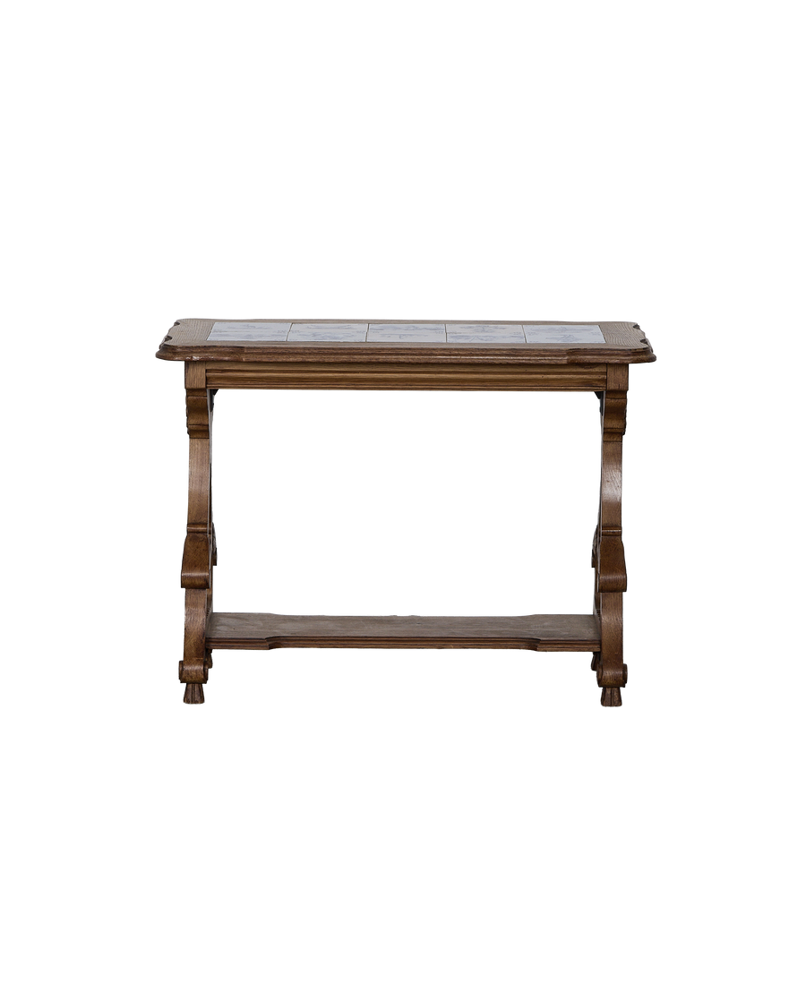 Vintage French oak Delft tile console table with lower shelf.