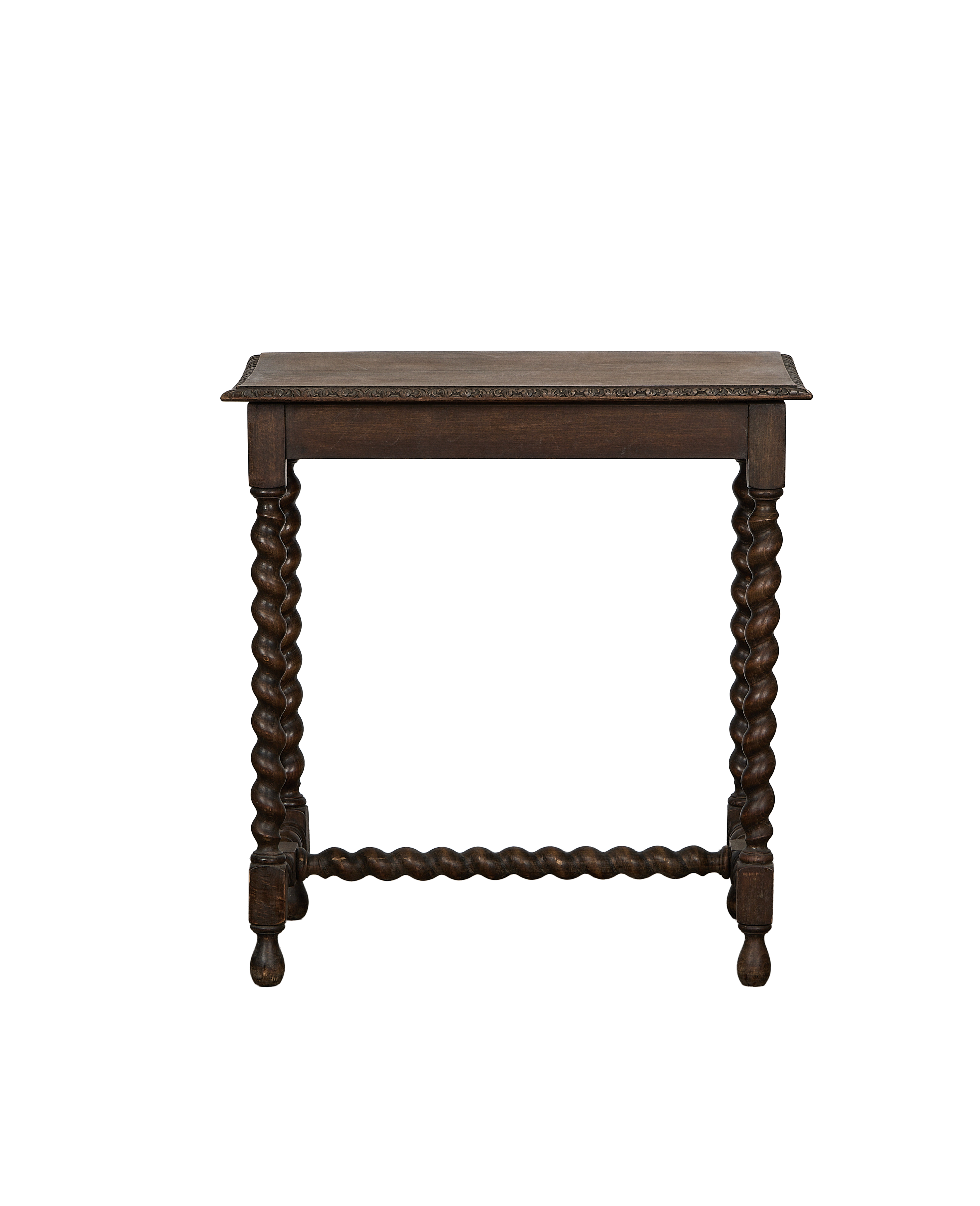 Vintage French oak barley twist entry table with carved edge, dark wood finish.