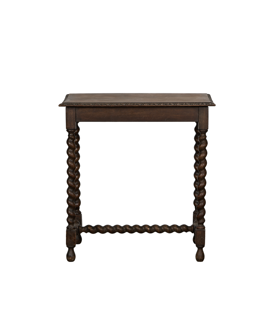 Vintage French oak barley twist entry table with carved edge, dark wood finish.