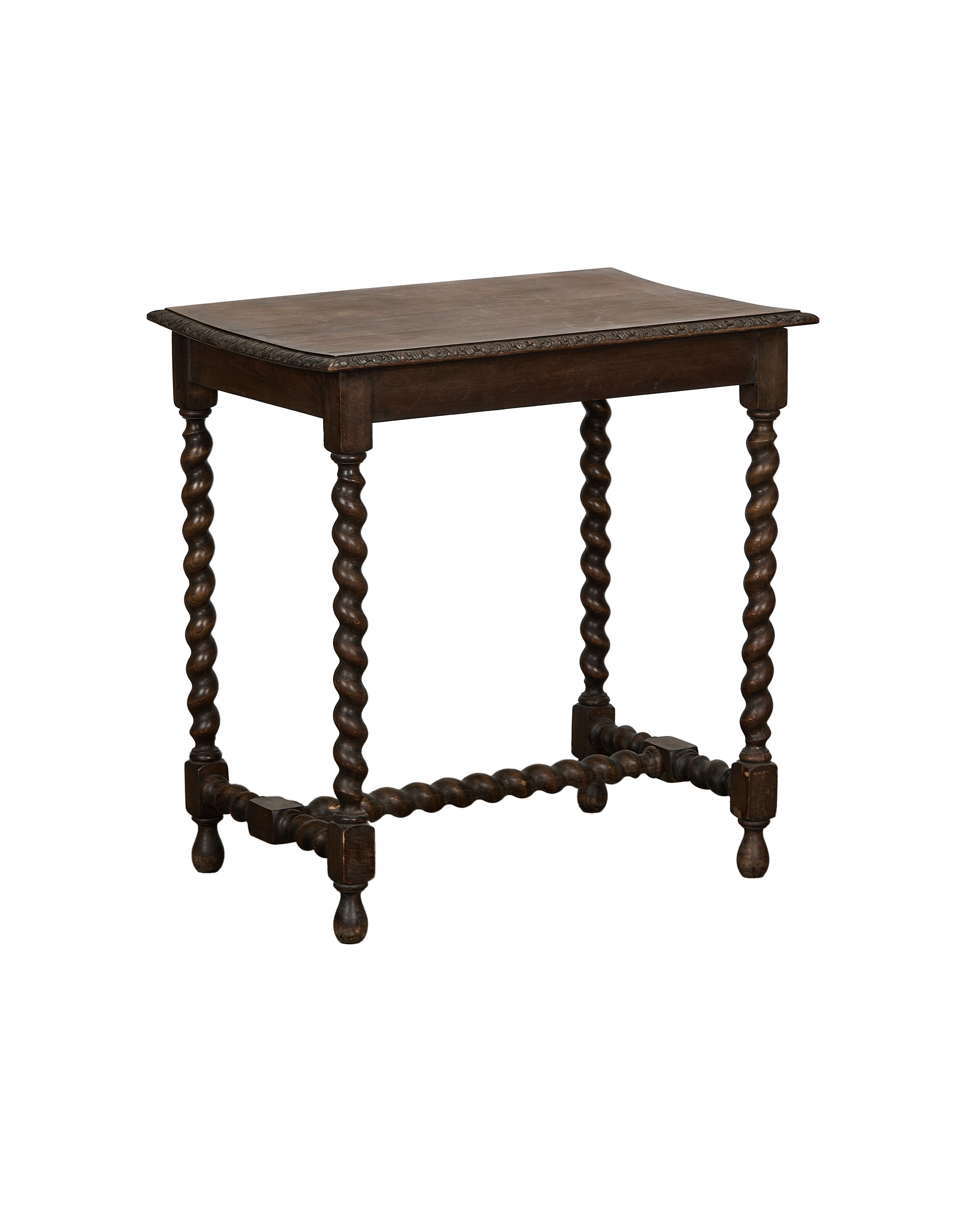Vintage French oak barley twist entry table, full front view.