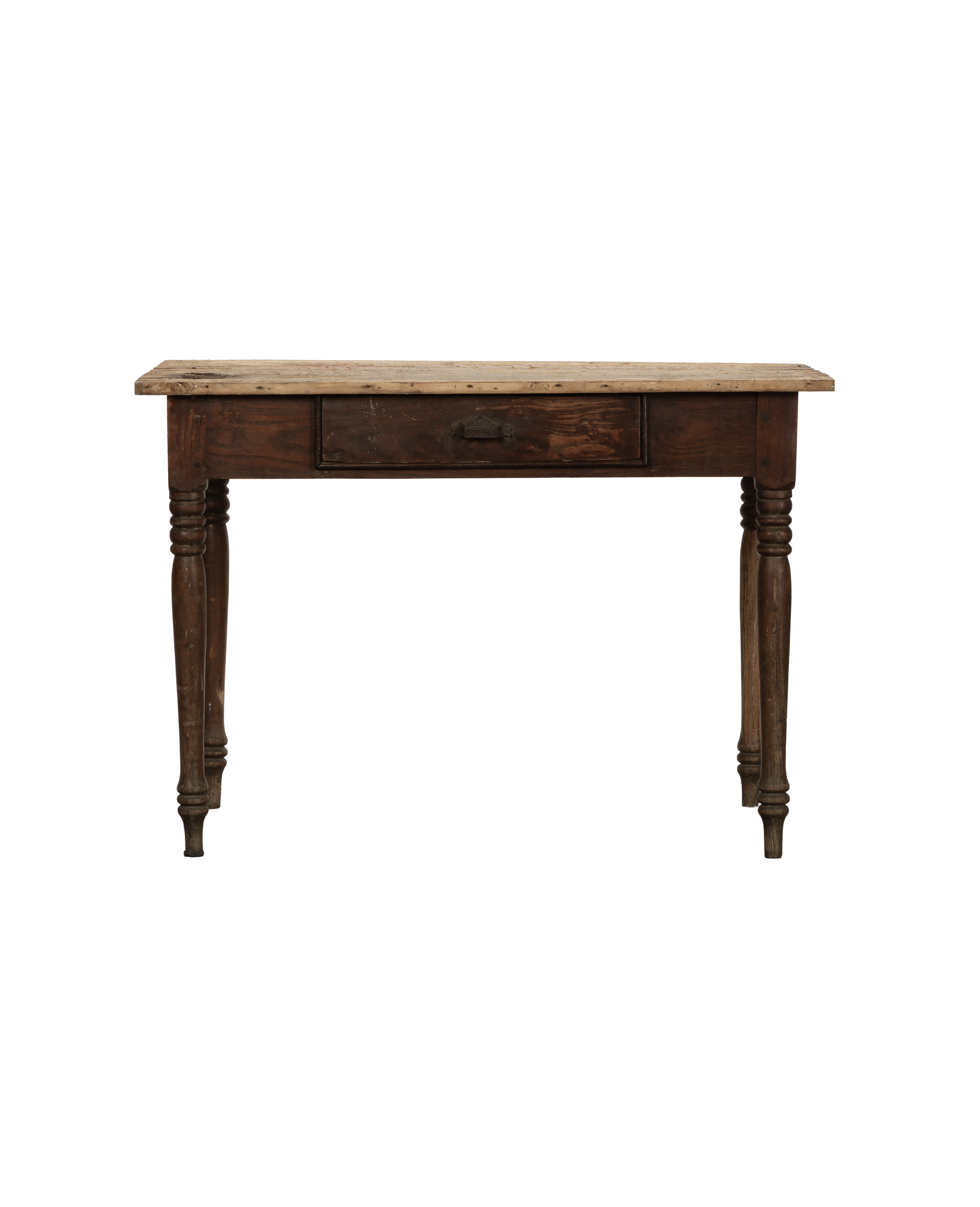 French vintage oak farm table, showing distressed wooden top and turned legs from a front view.