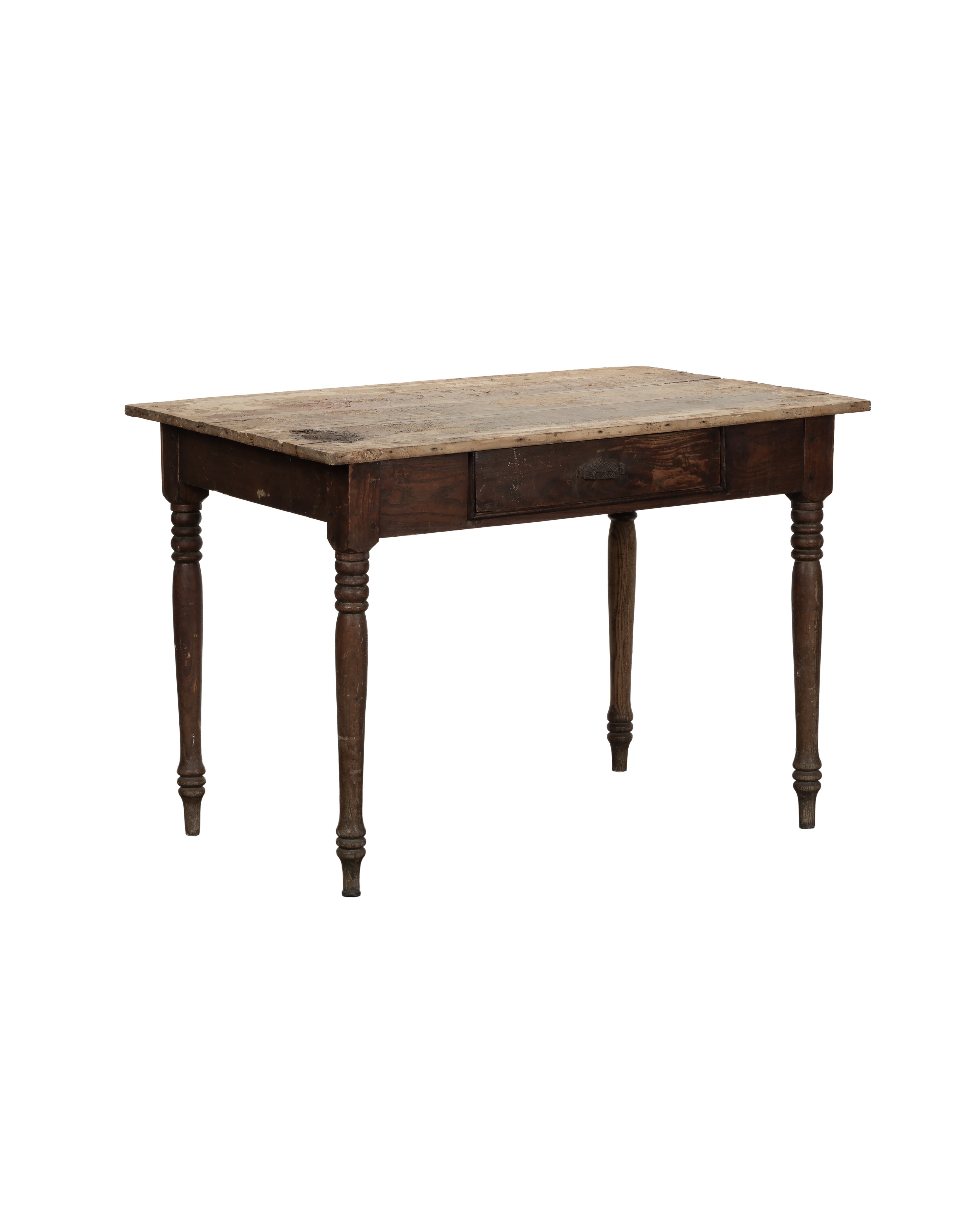 Vintage French oak farm table, distressed with turned legs, single drawer.