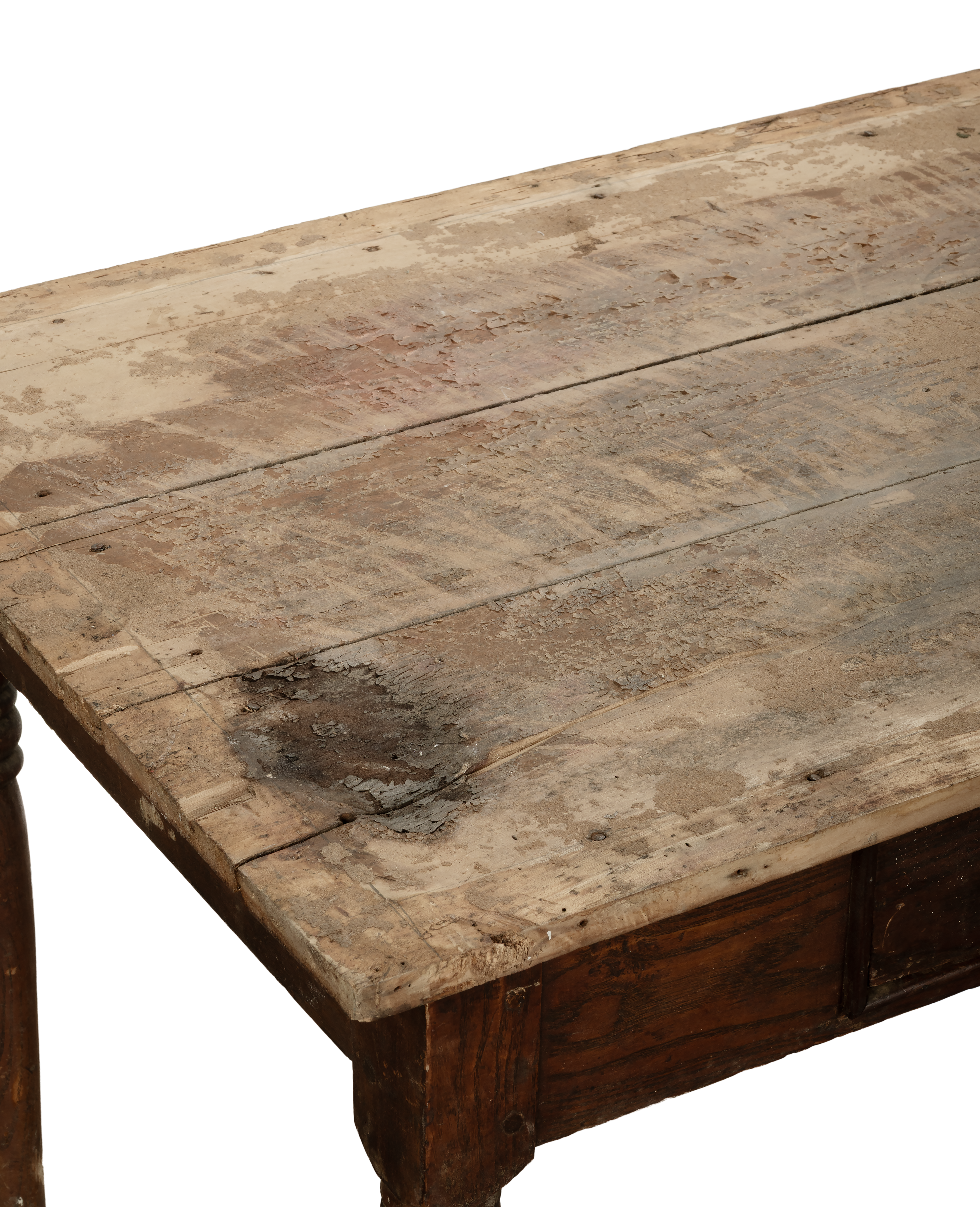 Vintage French oak farm table, distressed top with paint remnants, close-up details.