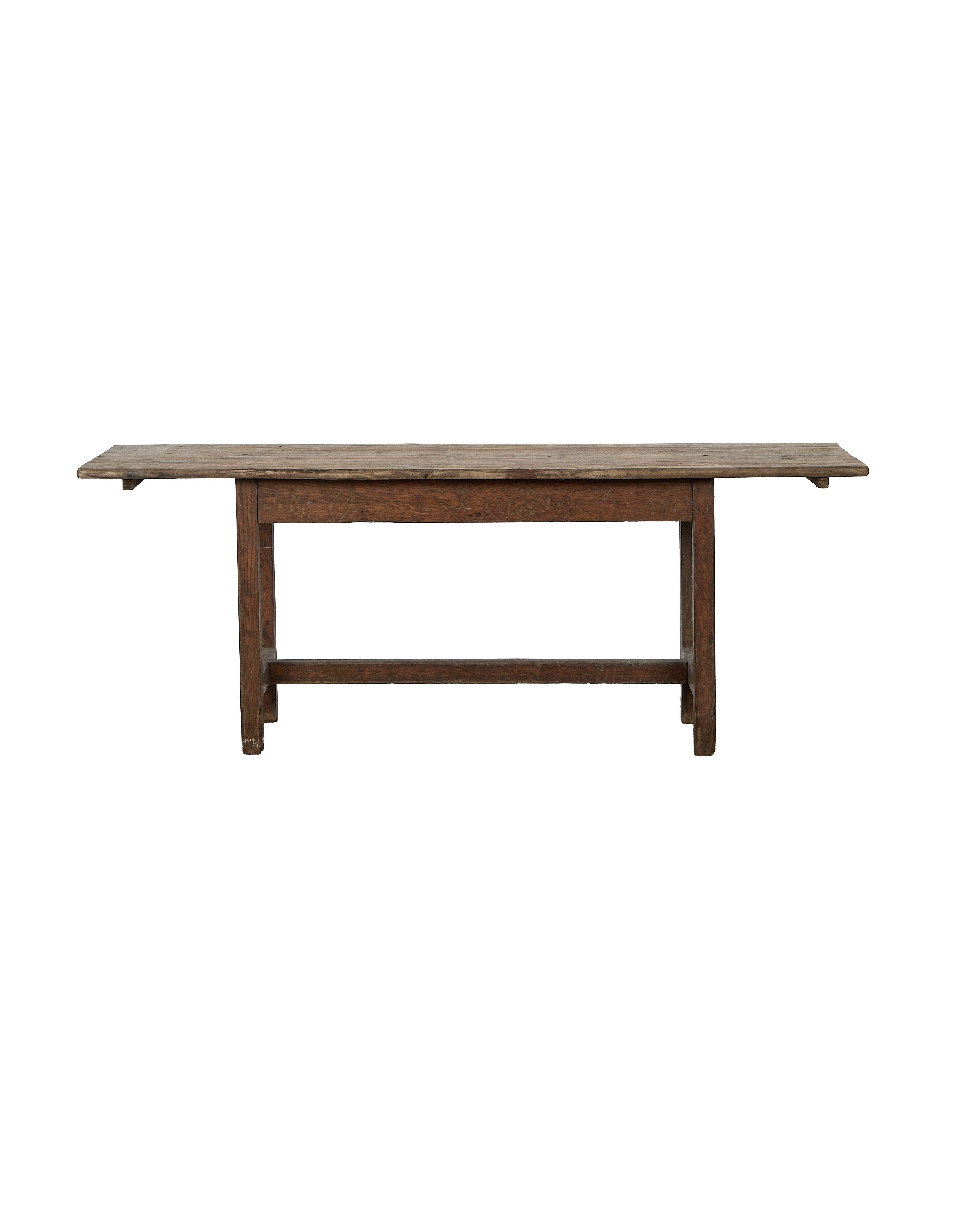 Vintage French oak farm table, rich patina, distressed wood finish, dark rustic apron.