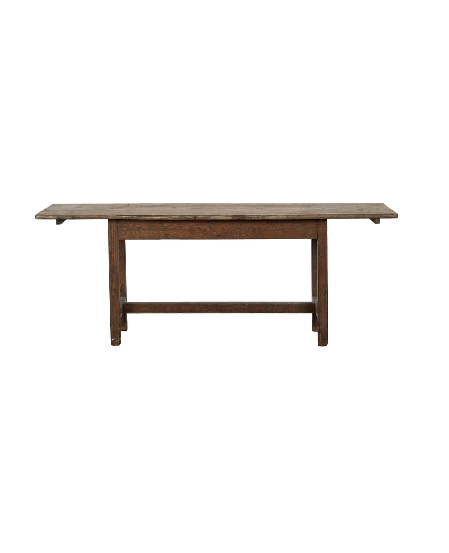 Vintage French oak farm table, rich patina, distressed wood finish, dark rustic apron.
