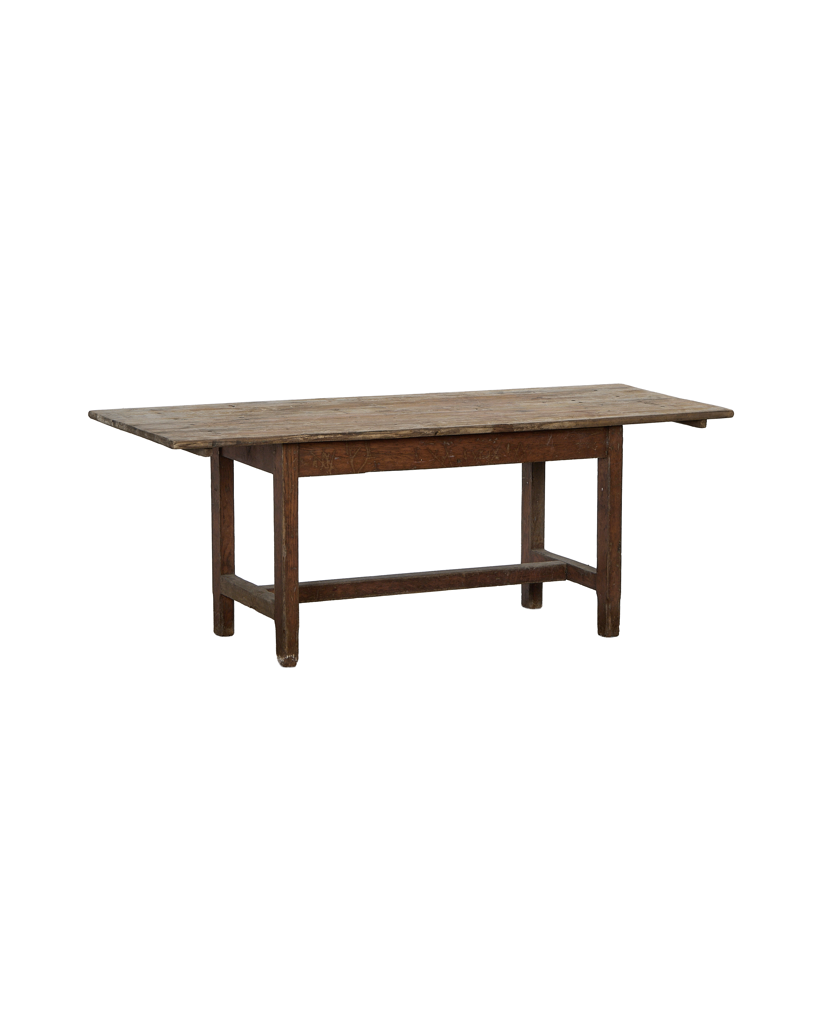 Vintage French oak farm table, rustic distressed wood, showing authentic wear and rich patina.