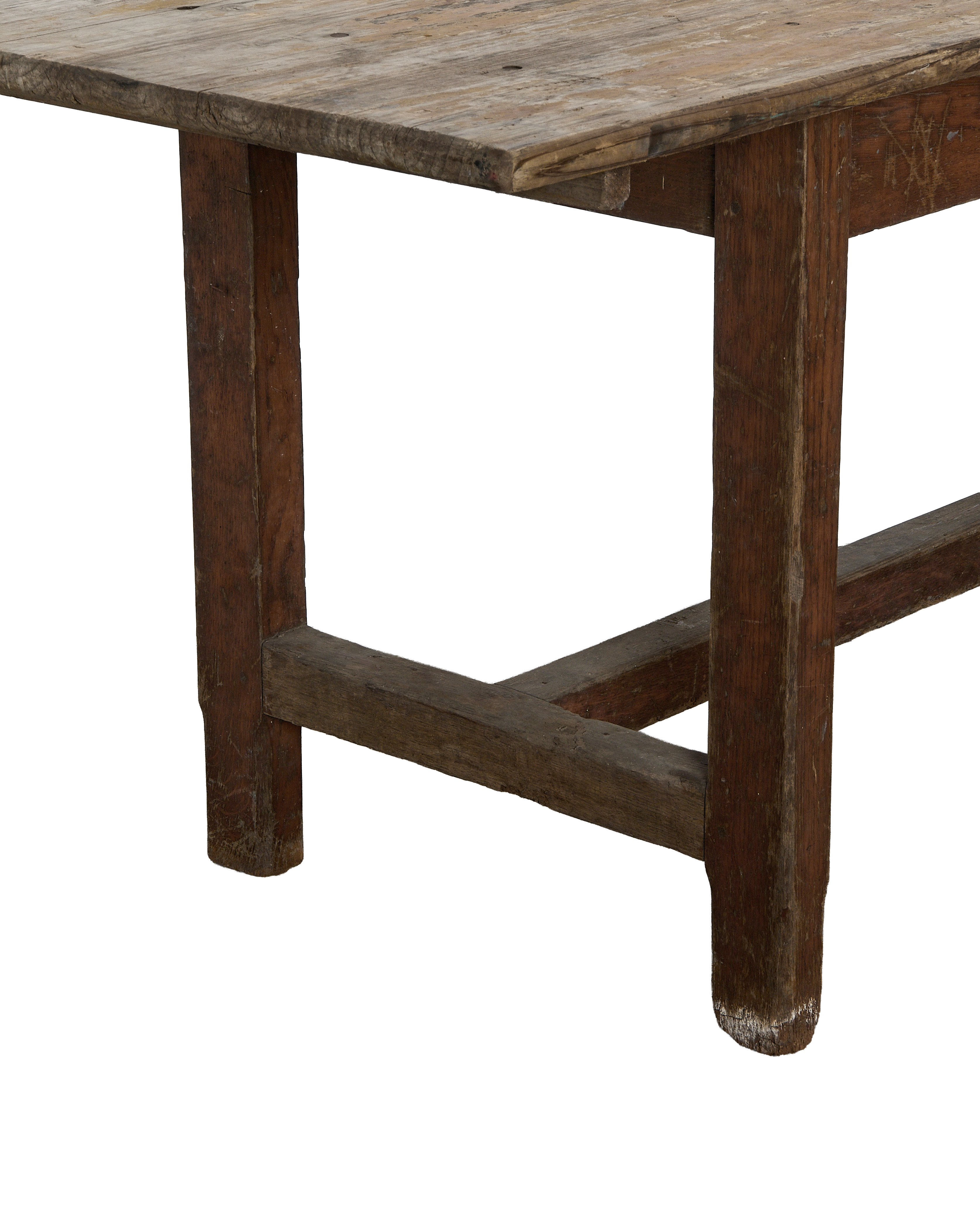 Vintage French oak farm table, worn tabletop edge showing aged grain and texture.