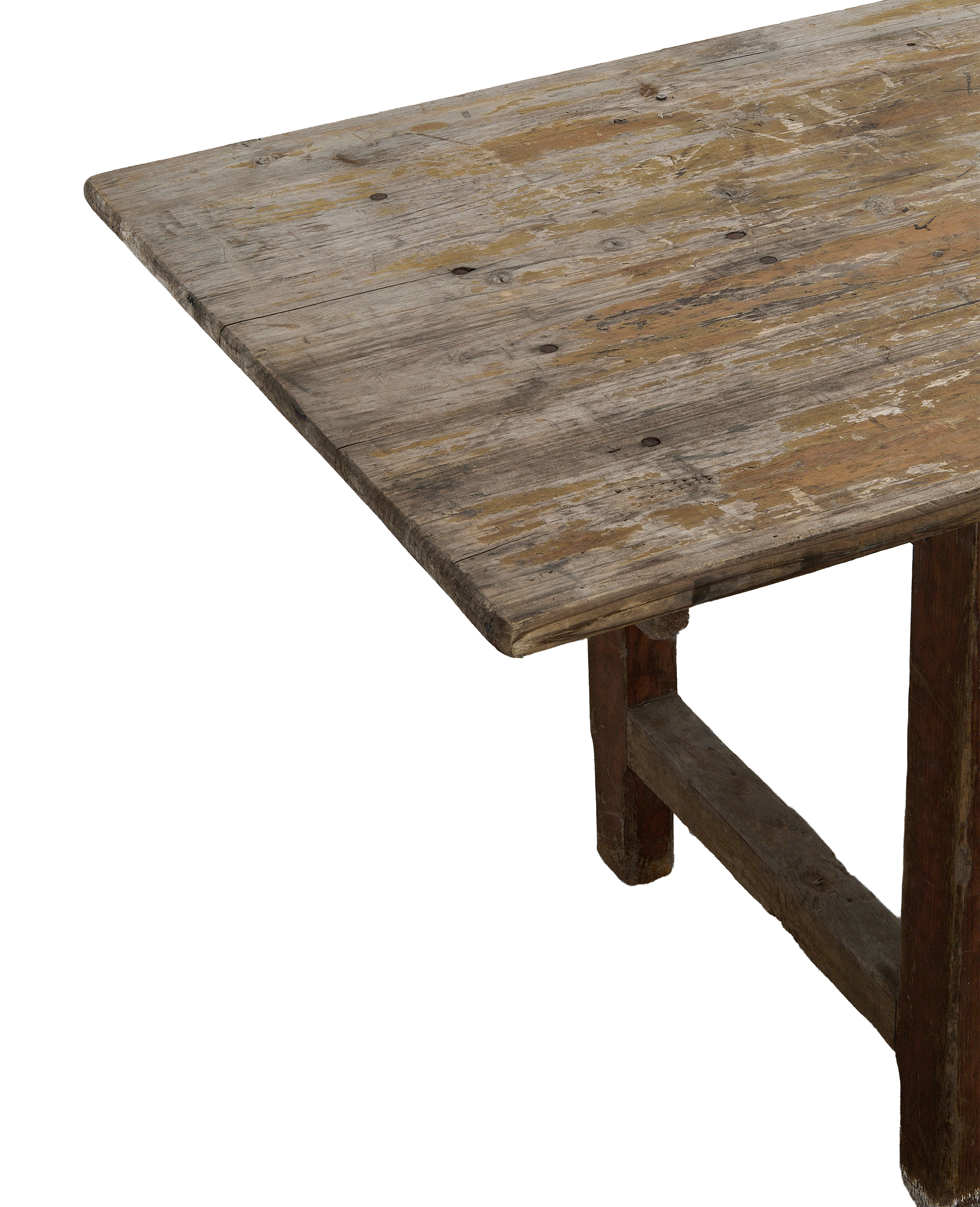 Vintage French oak farm table top texture with distressed paint, metal hardware.