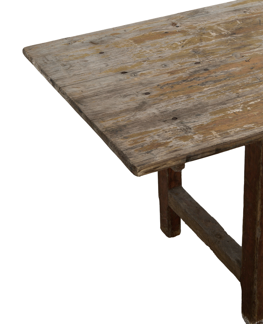 Vintage French oak farm table top texture with distressed paint, metal hardware.