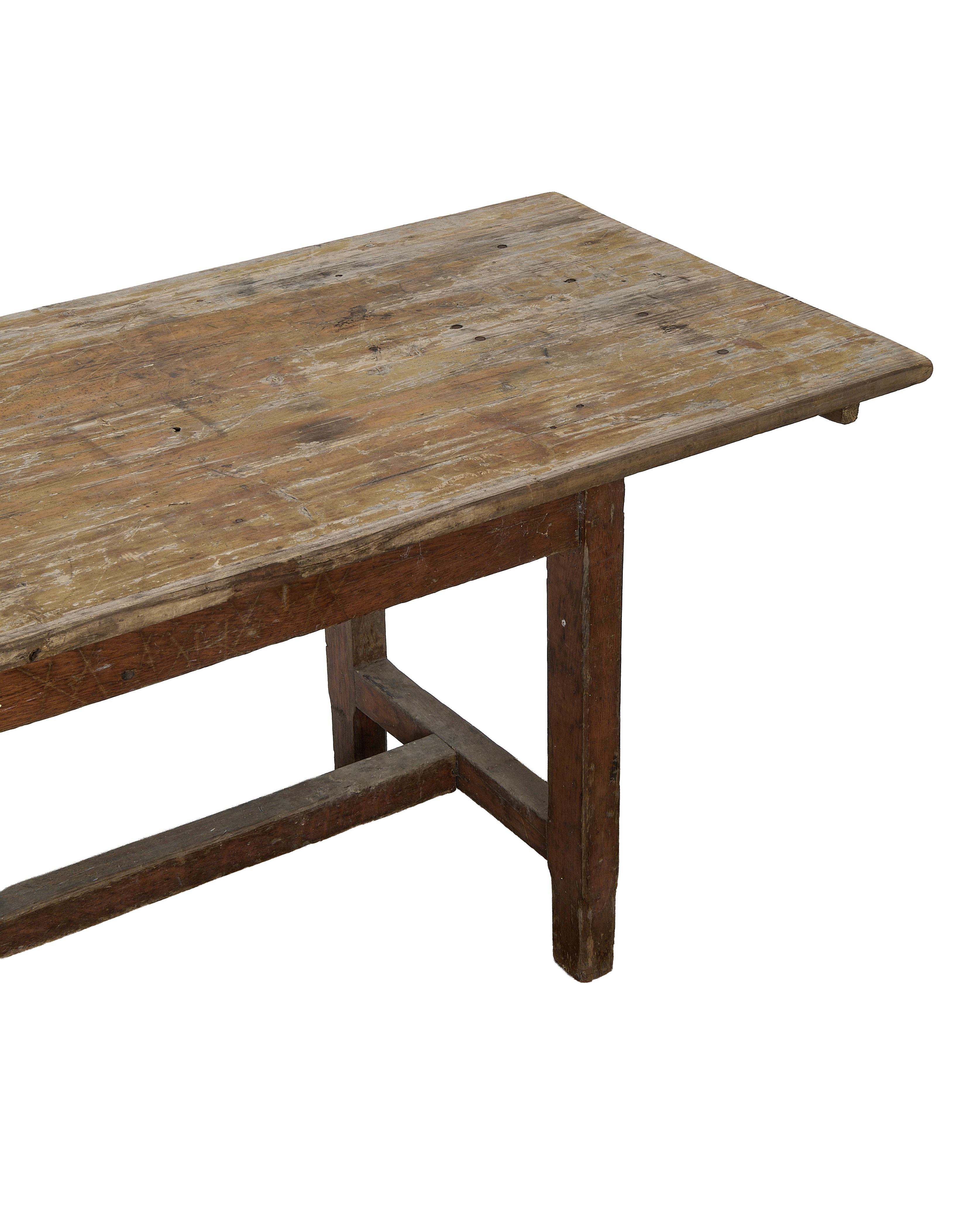 Vintage French oak farm table, showing the distressed tabletop surface and sturdy leg frame detail.