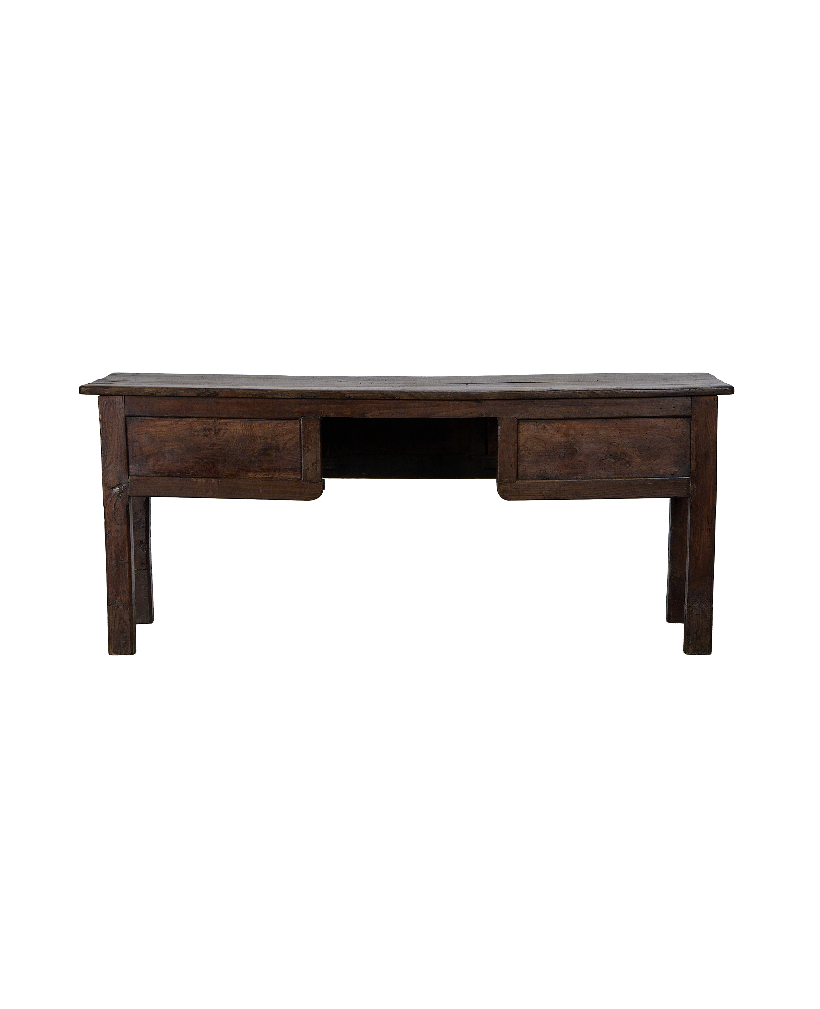 Front view of vintage French oak drawer table showing two drawers and open kneehole.