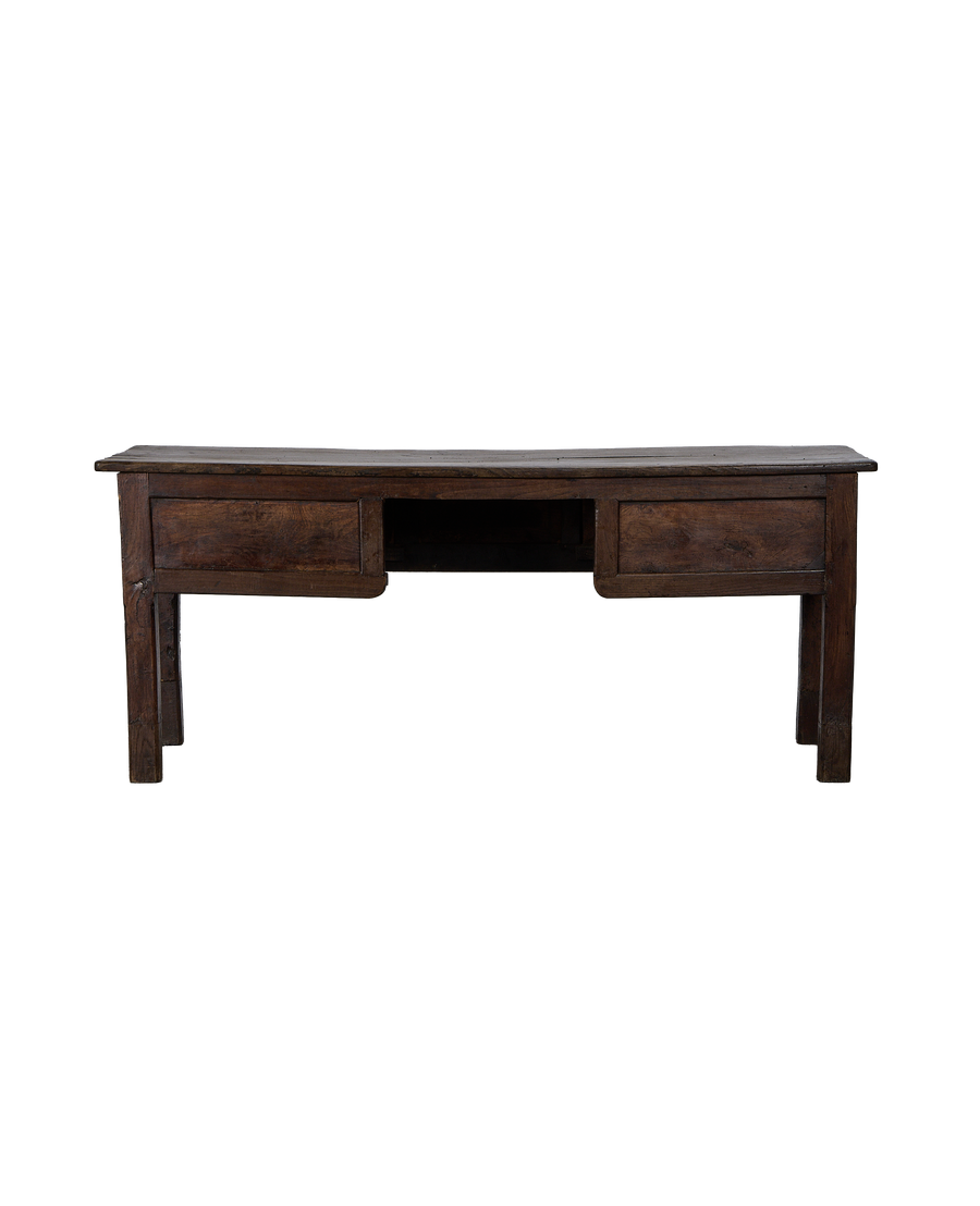 Front view of vintage French oak drawer table showing two drawers and open kneehole.