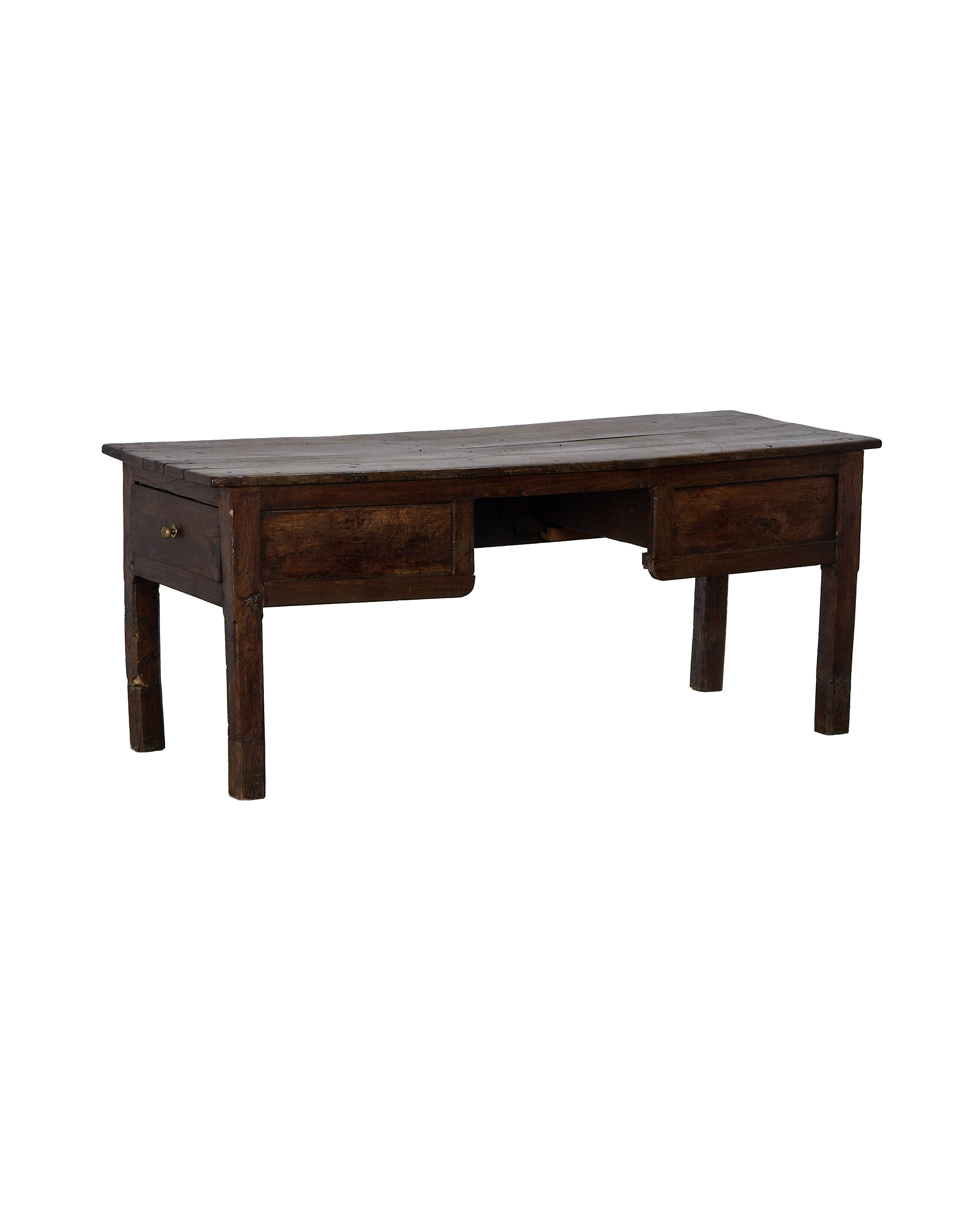 Vintage French oak drawer table, front view showing two drawers and weathered finish.