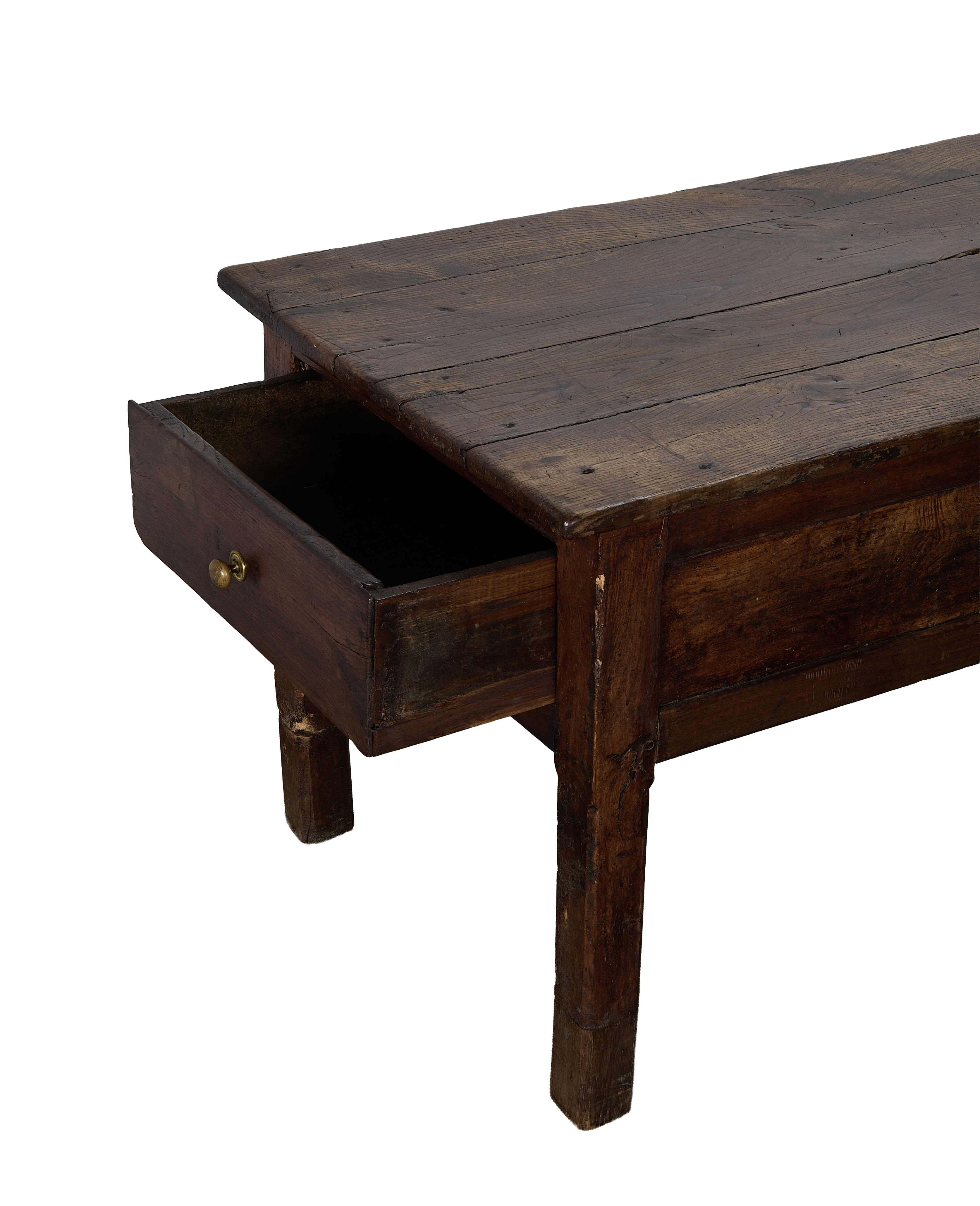 Vintage French oak drawer table, partially open drawer with brass pull, rustic condition.