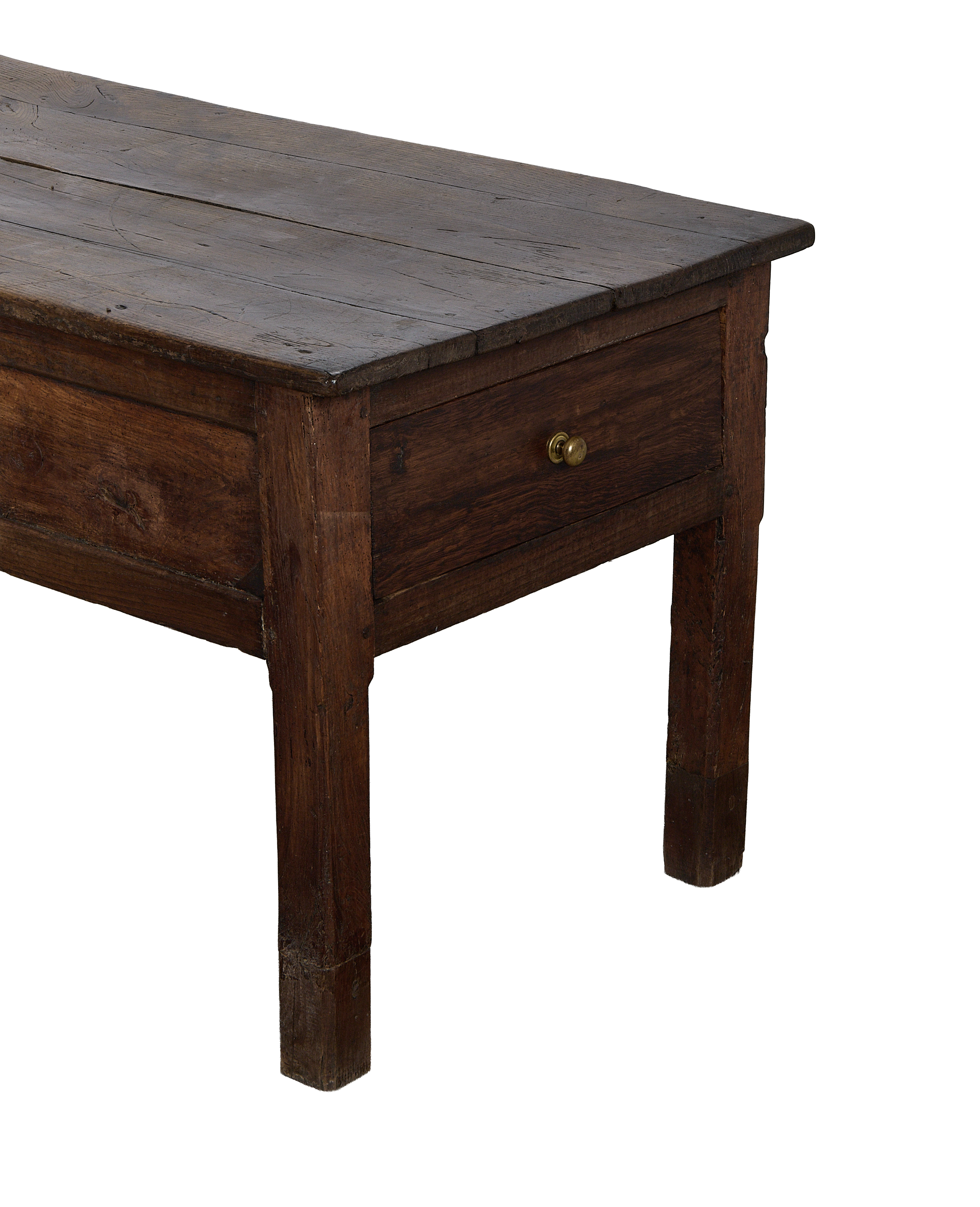 Vintage French oak drawer table, close-up showing distressed top and brass knob.
