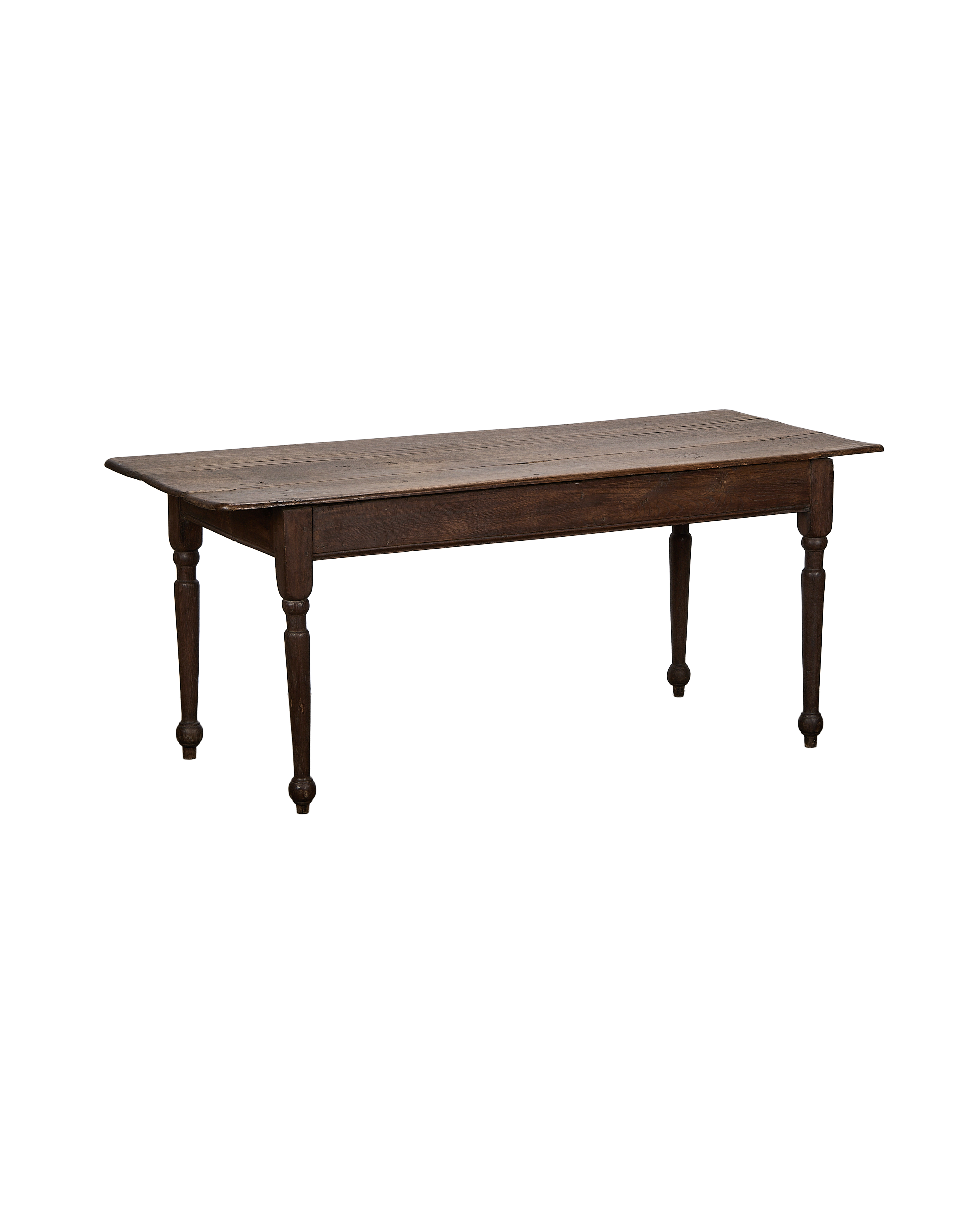 Vintage French oak farm table, rich brown finish, with sturdy turned legs.