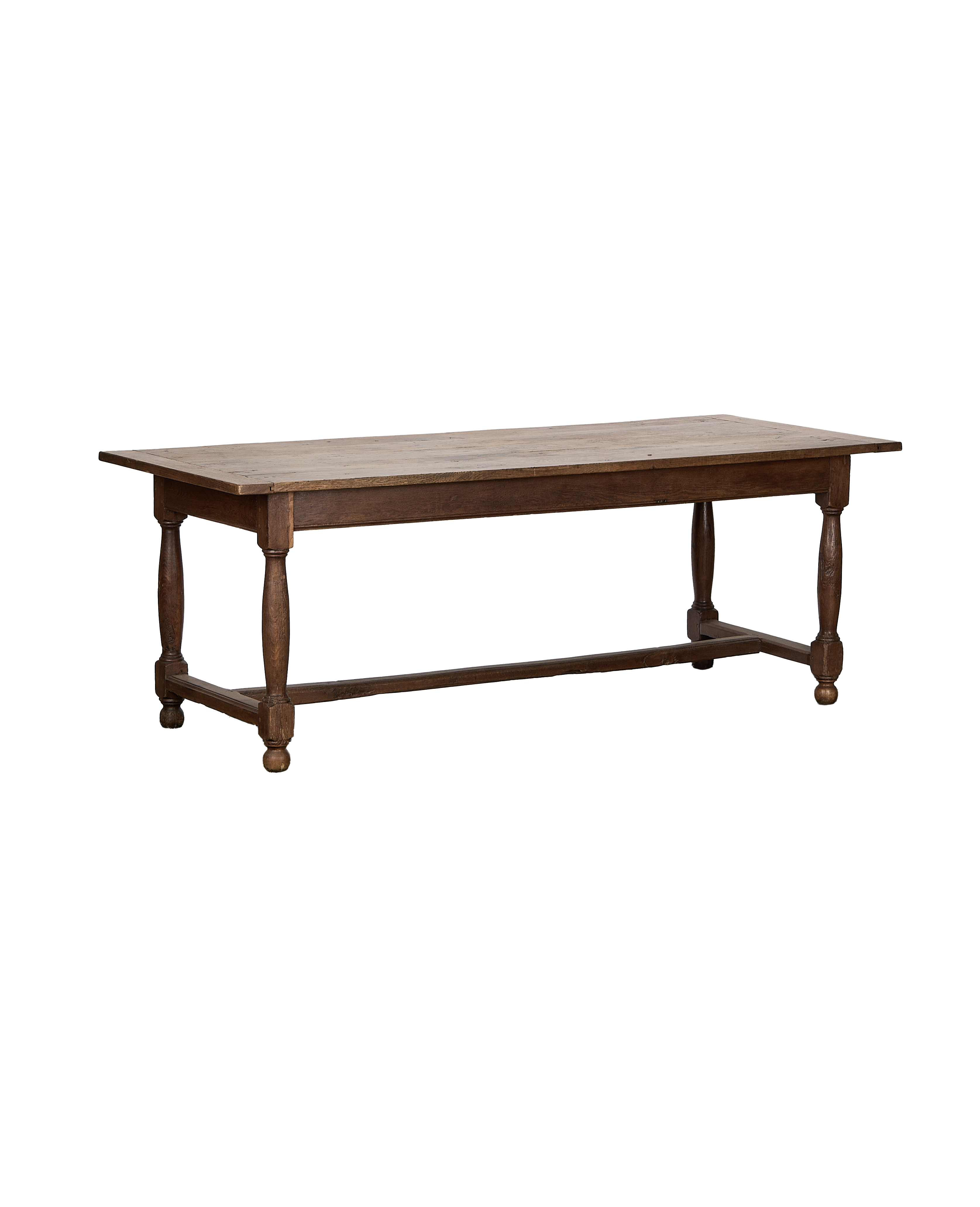 Vintage French oak farm table, rich patina, turned legs, sturdy, rustic charm.